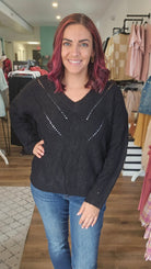 Shop Kendra V-Neck Open Dot Sweater - Black-Sweater at Ruby Joy Boutique, a Women's Clothing Store in Pickerington, Ohio