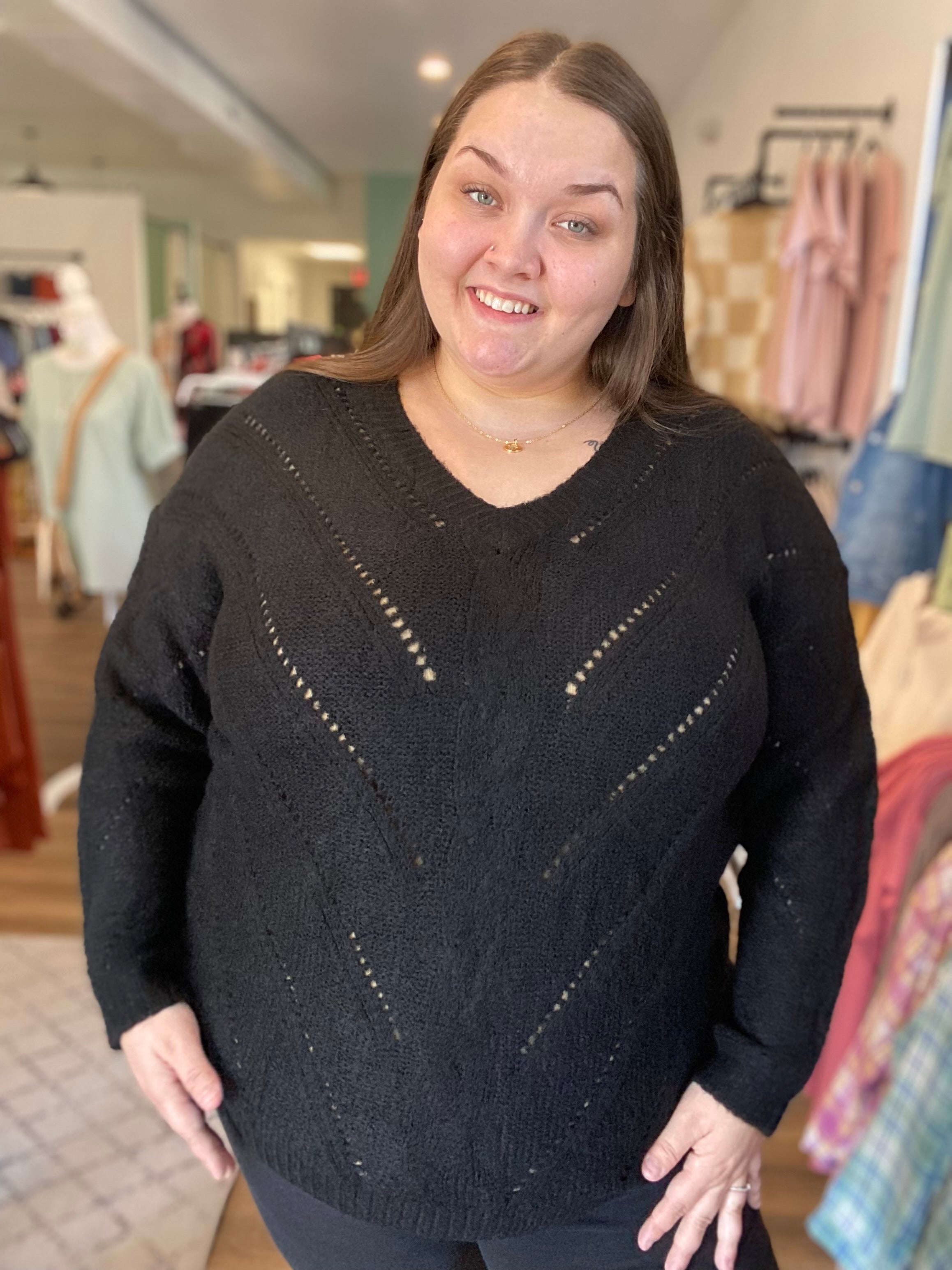 Shop Kendra V-Neck Open Dot Sweater - Black-Sweater at Ruby Joy Boutique, a Women's Clothing Store in Pickerington, Ohio