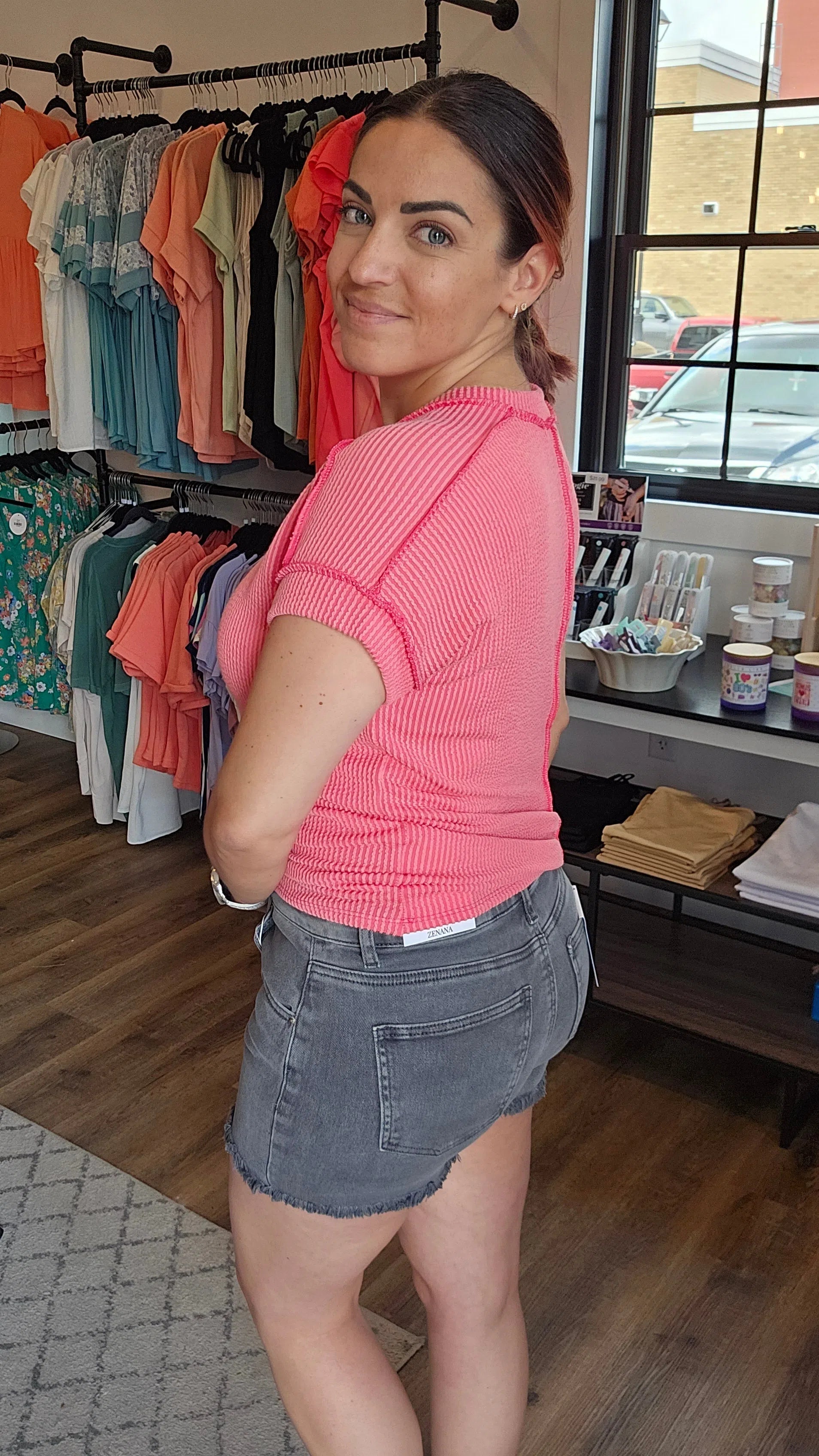 Shop Kennedy Fray Hem Shorts | Charcoal | Zenana-Shorts at Ruby Joy Boutique, a Women's Clothing Store in Pickerington, Ohio