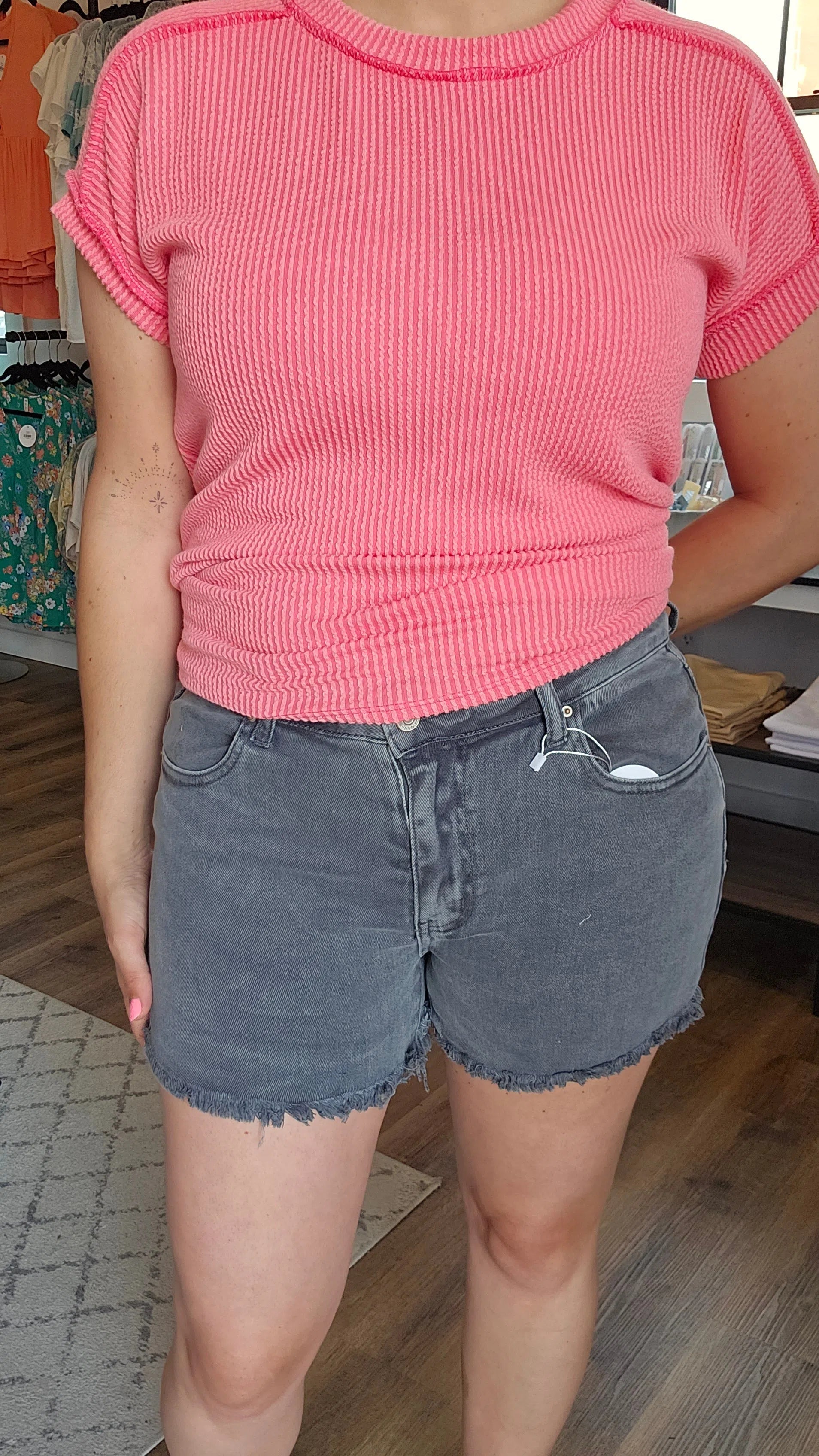 Shop Kennedy Fray Hem Shorts | Charcoal | Zenana-Shorts at Ruby Joy Boutique, a Women's Clothing Store in Pickerington, Ohio