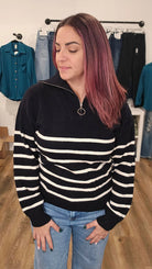 Shop Kiana Quarter-Zip Striped Sweater-Sweater at Ruby Joy Boutique, a Women's Clothing Store in Pickerington, Ohio