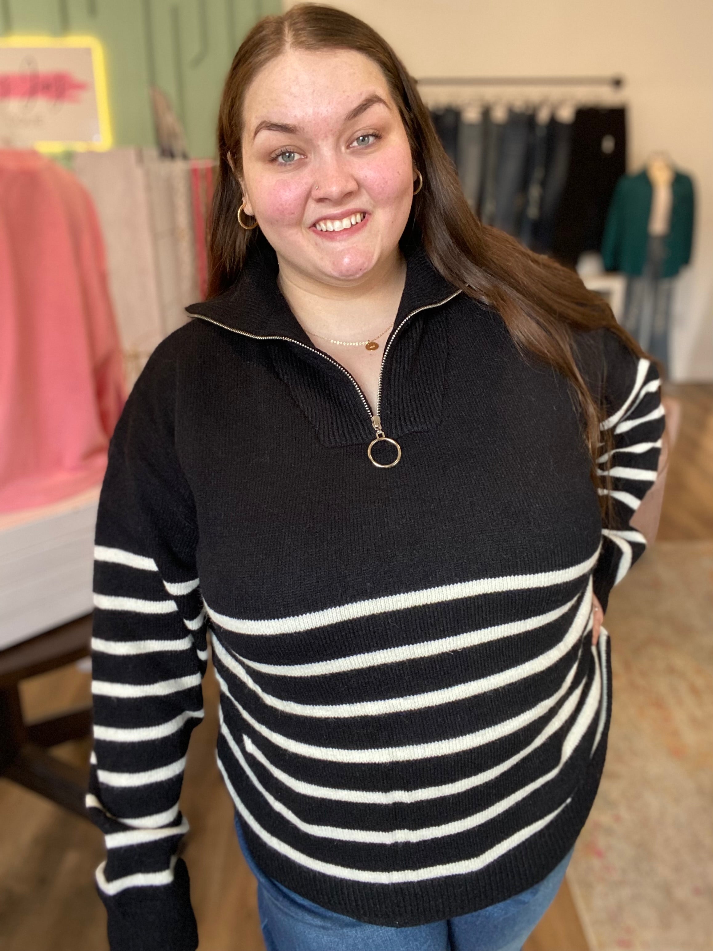 Shop Kiana Quarter-Zip Striped Sweater-Sweater at Ruby Joy Boutique, a Women's Clothing Store in Pickerington, Ohio