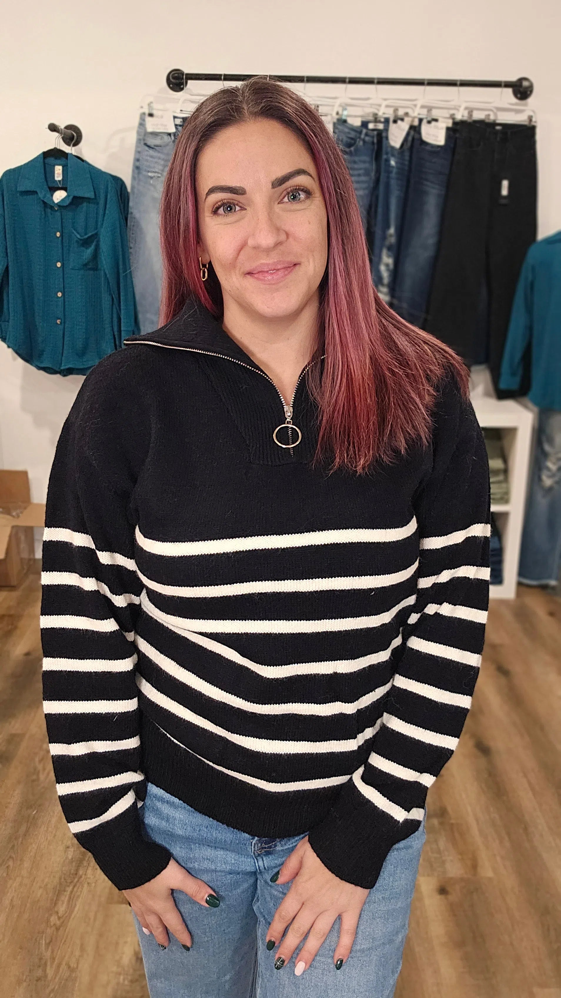 Shop Kiana Quarter-Zip Striped Sweater-Sweater at Ruby Joy Boutique, a Women's Clothing Store in Pickerington, Ohio