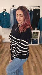 Shop Kiana Quarter-Zip Striped Sweater-Sweater at Ruby Joy Boutique, a Women's Clothing Store in Pickerington, Ohio