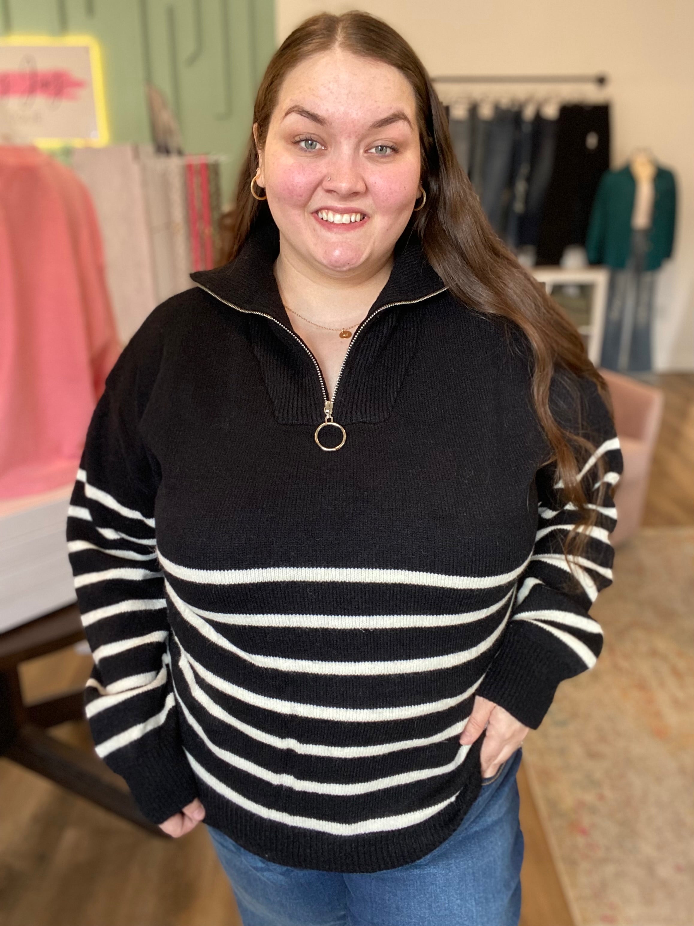 Shop Kiana Quarter-Zip Striped Sweater-Sweater at Ruby Joy Boutique, a Women's Clothing Store in Pickerington, Ohio