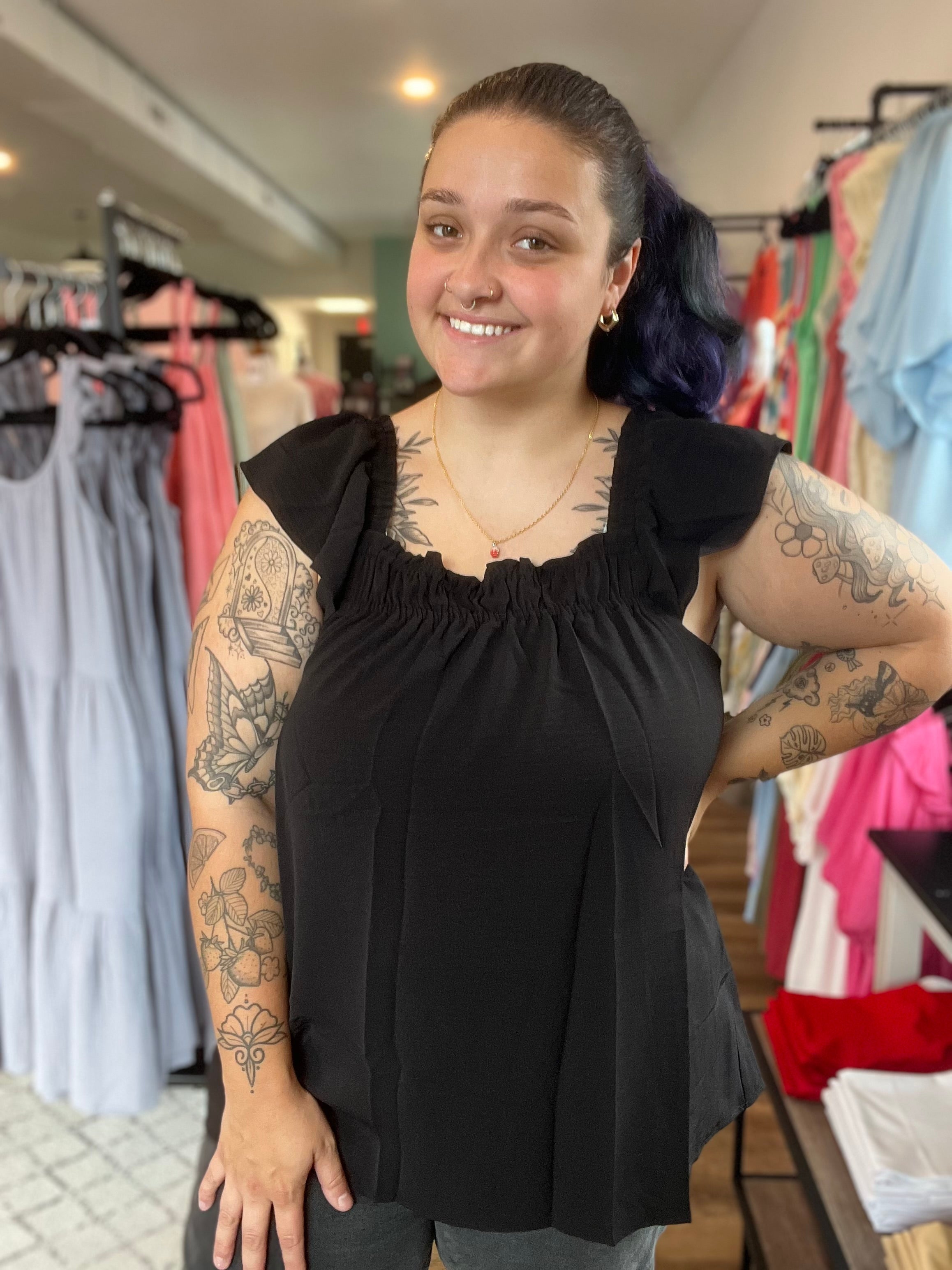 Shop Kiara Ruffle Sleeve Top-Shirts & Tops at Ruby Joy Boutique, a Women's Clothing Store in Pickerington, Ohio