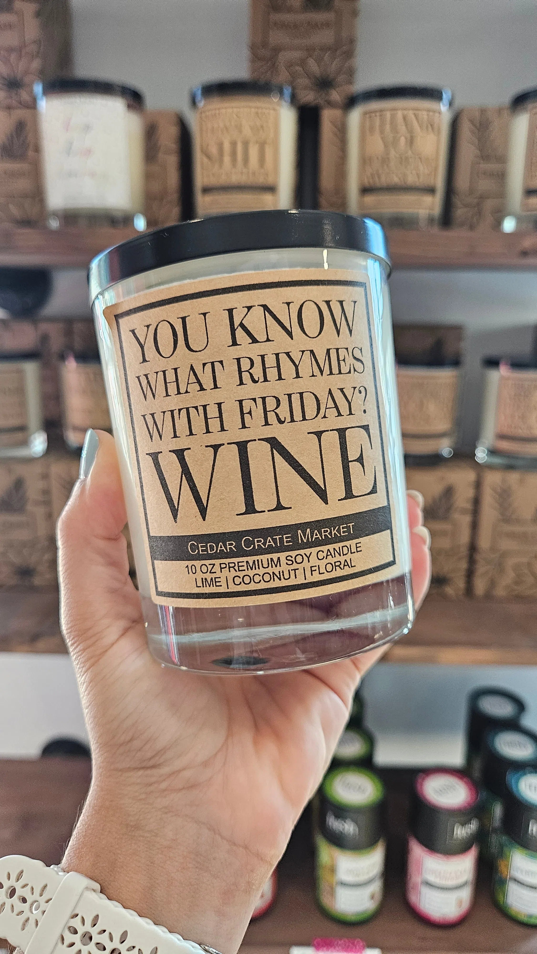 Shop Know What Rhymes With Friday? Wine | Island Coconut Lime Candle-Candles at Ruby Joy Boutique, a Women's Clothing Store in Pickerington, Ohio