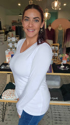 Shop Larissa Long Sleeve V-Neck Top - White-Tops at Ruby Joy Boutique, a Women's Clothing Store in Pickerington, Ohio