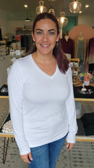 Shop Larissa Long Sleeve V-Neck Top - White-Long Sleeve Top at Ruby Joy Boutique, a Women's Clothing Store in Pickerington, Ohio