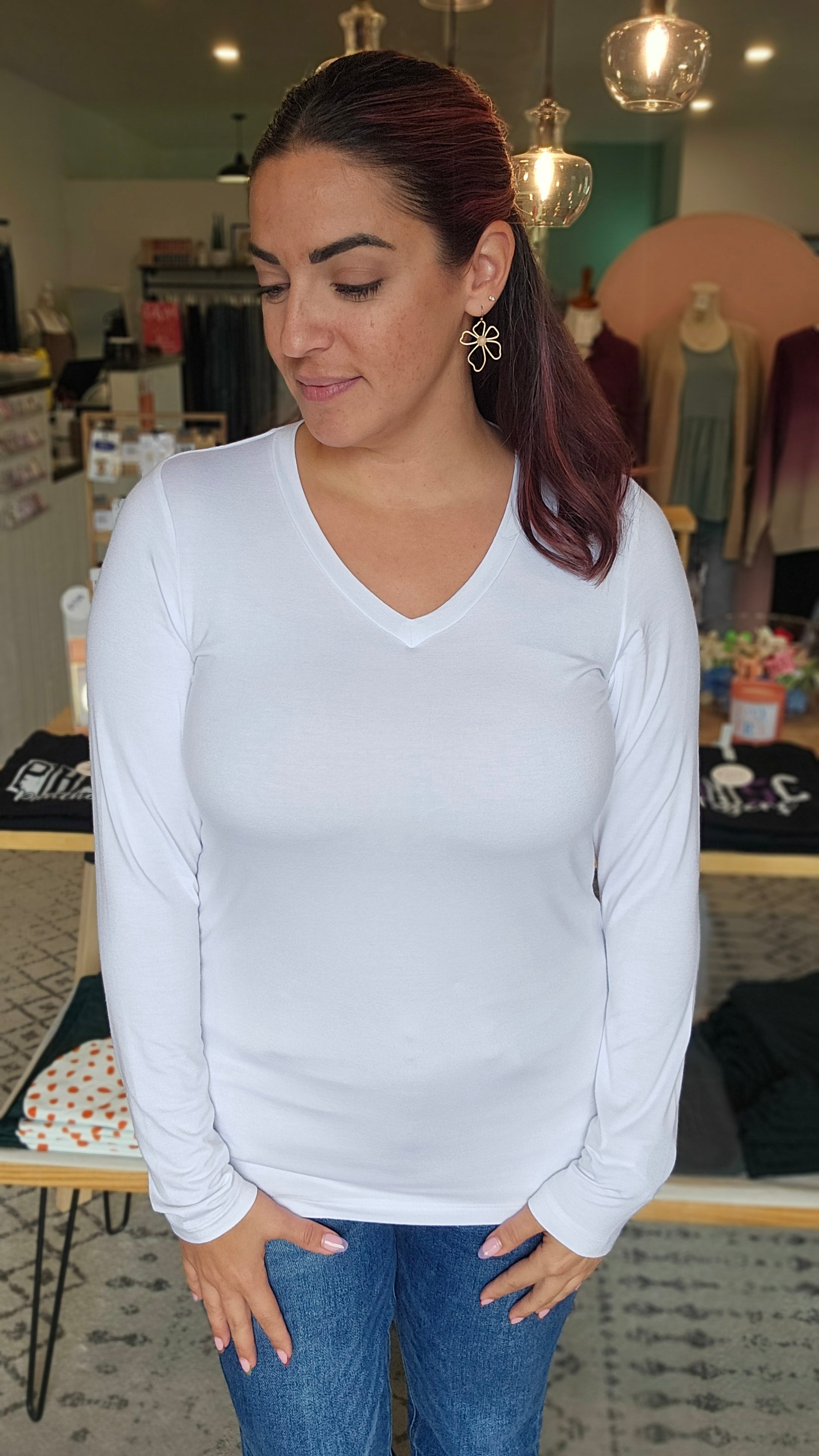 Shop Larissa Long Sleeve V-Neck Top - White-Tops at Ruby Joy Boutique, a Women's Clothing Store in Pickerington, Ohio