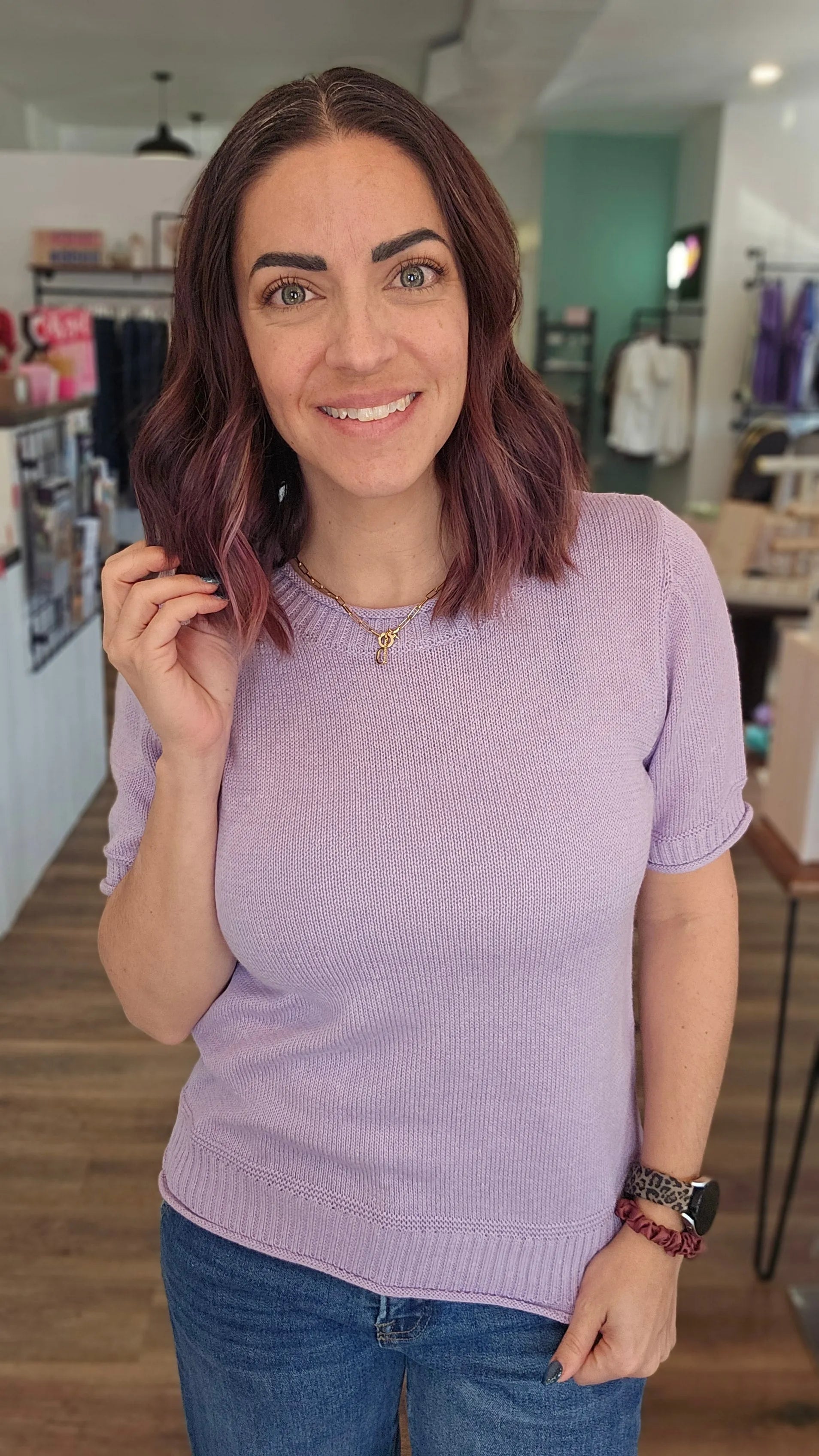 Shop Lavender Dream Short Sleeve Sweater- at Ruby Joy Boutique, a Women's Clothing Store in Pickerington, Ohio