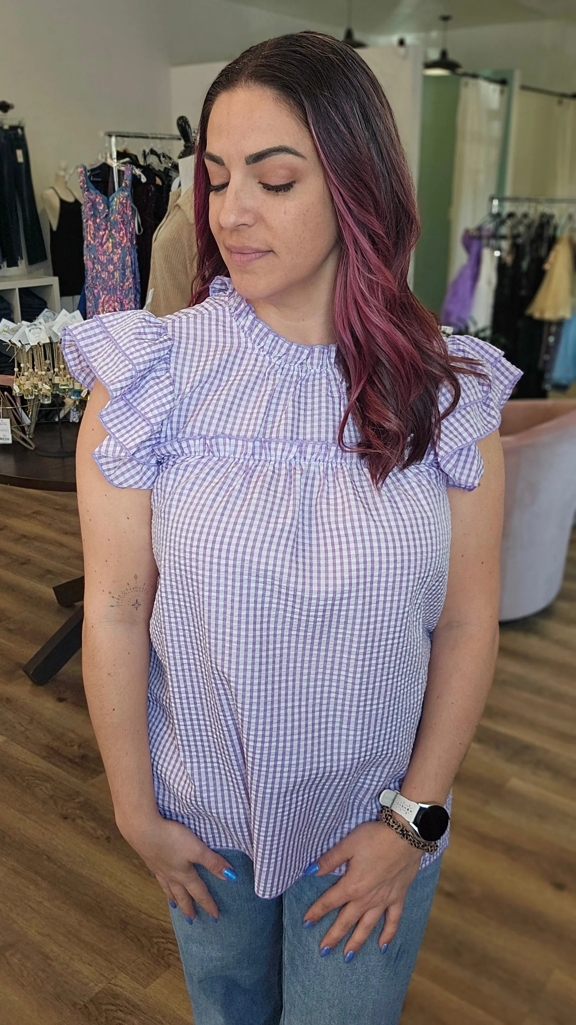 Shop Lavender Gingham Flutter Sleeve Top- at Ruby Joy Boutique, a Women's Clothing Store in Pickerington, Ohio