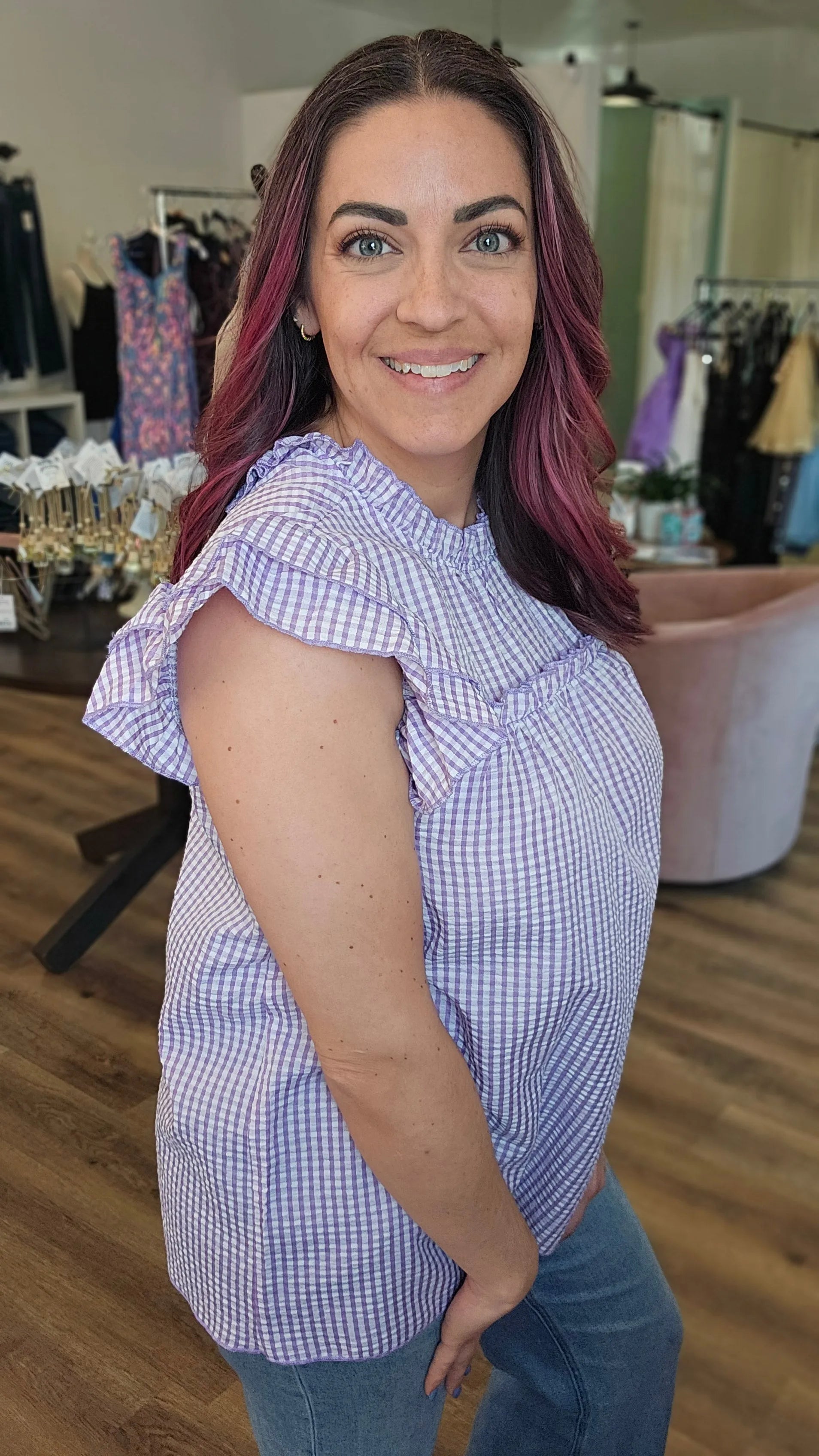 Shop Lavender Gingham Flutter Sleeve Top- at Ruby Joy Boutique, a Women's Clothing Store in Pickerington, Ohio