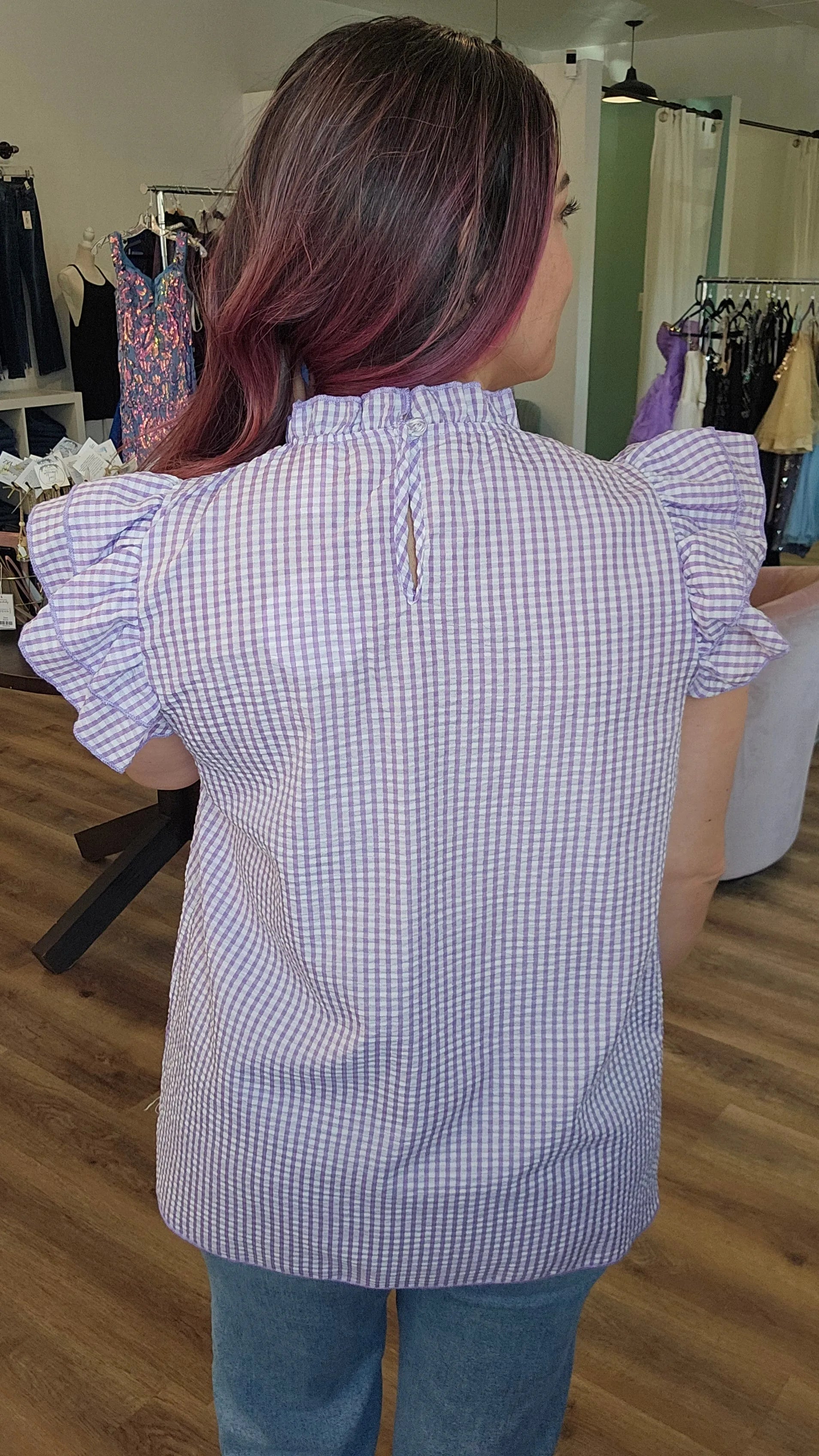 Shop Lavender Gingham Flutter Sleeve Top- at Ruby Joy Boutique, a Women's Clothing Store in Pickerington, Ohio