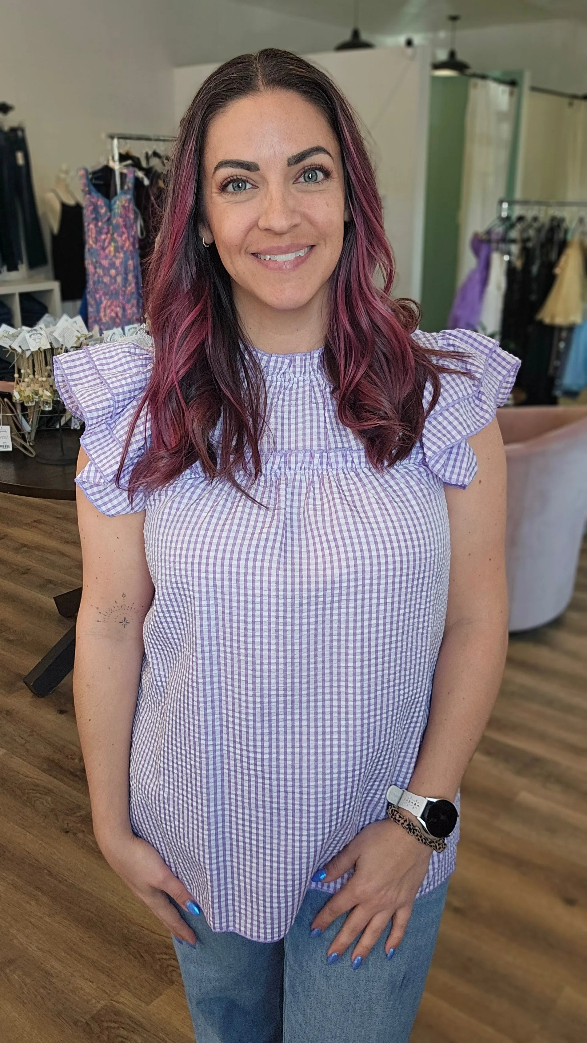 Shop Lavender Gingham Flutter Sleeve Top- at Ruby Joy Boutique, a Women's Clothing Store in Pickerington, Ohio