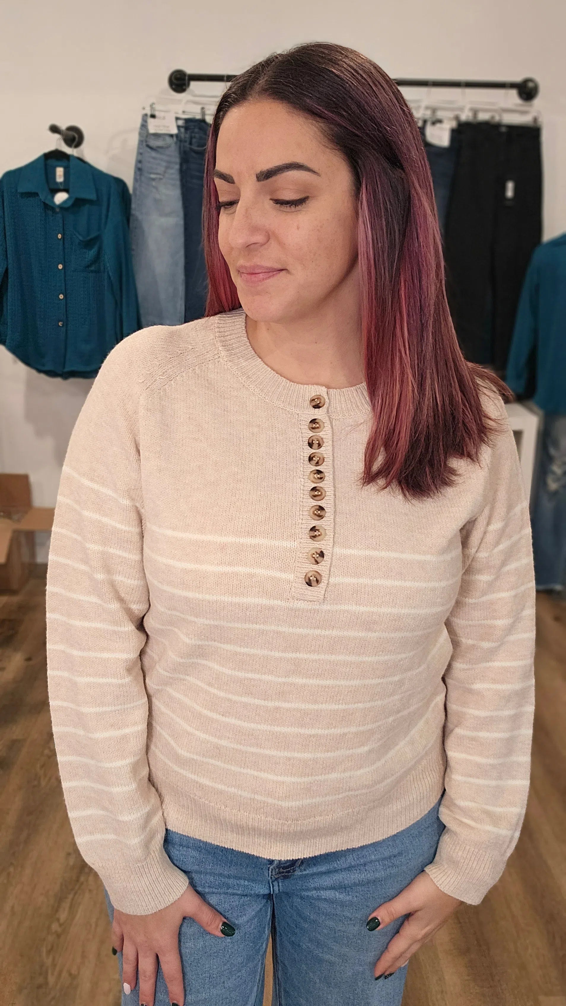 Shop Lena Striped Henley Sweater-Sweater at Ruby Joy Boutique, a Women's Clothing Store in Pickerington, Ohio