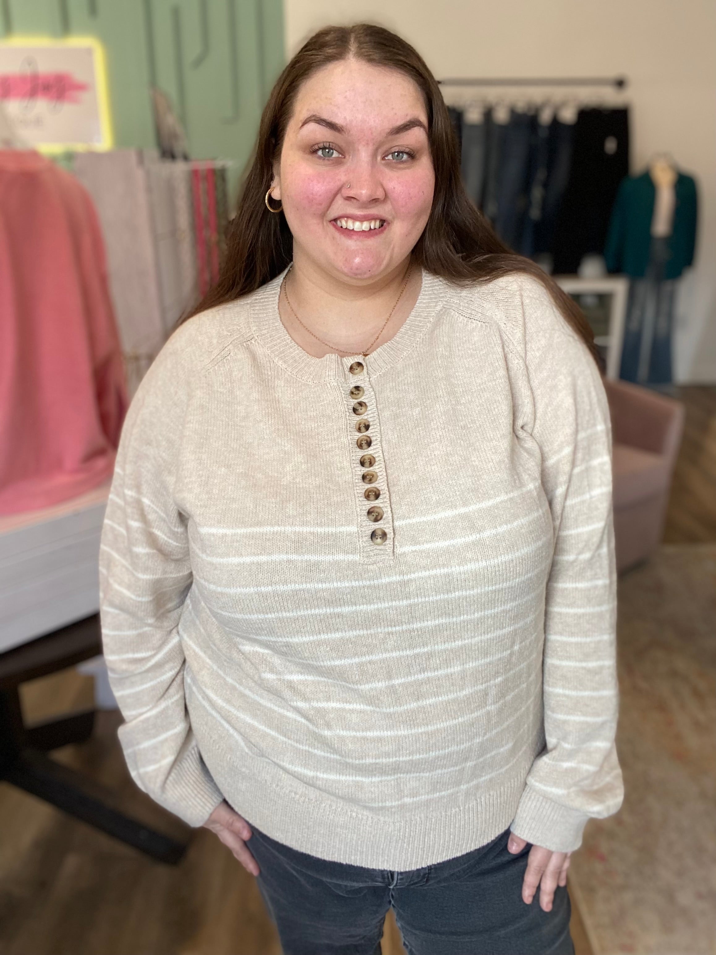 Shop Lena Striped Henley Sweater-Sweater at Ruby Joy Boutique, a Women's Clothing Store in Pickerington, Ohio