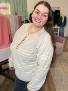 Shop Lena Striped Henley Sweater-Sweater at Ruby Joy Boutique, a Women's Clothing Store in Pickerington, Ohio