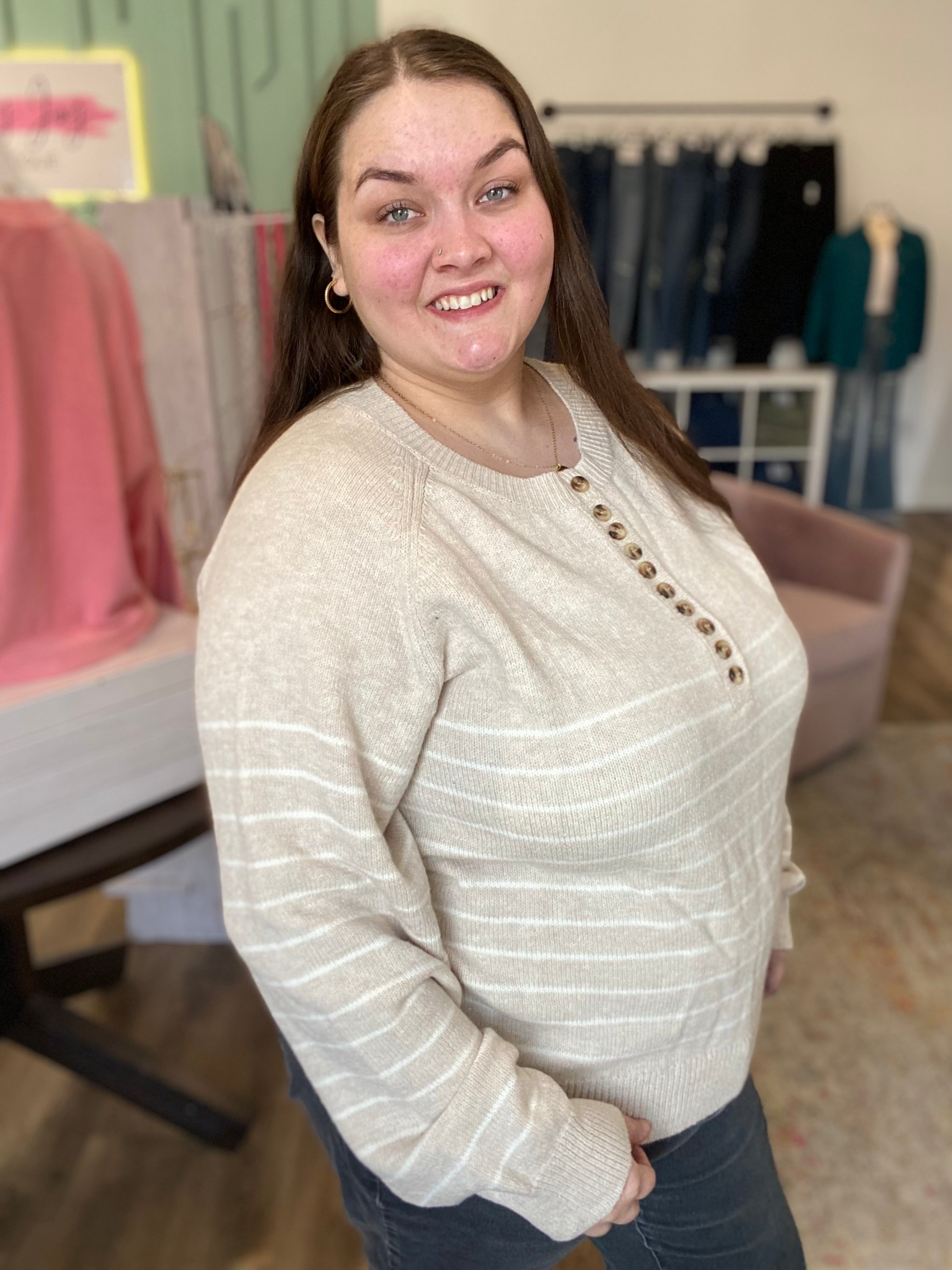 Shop Lena Striped Henley Sweater-Sweater at Ruby Joy Boutique, a Women's Clothing Store in Pickerington, Ohio