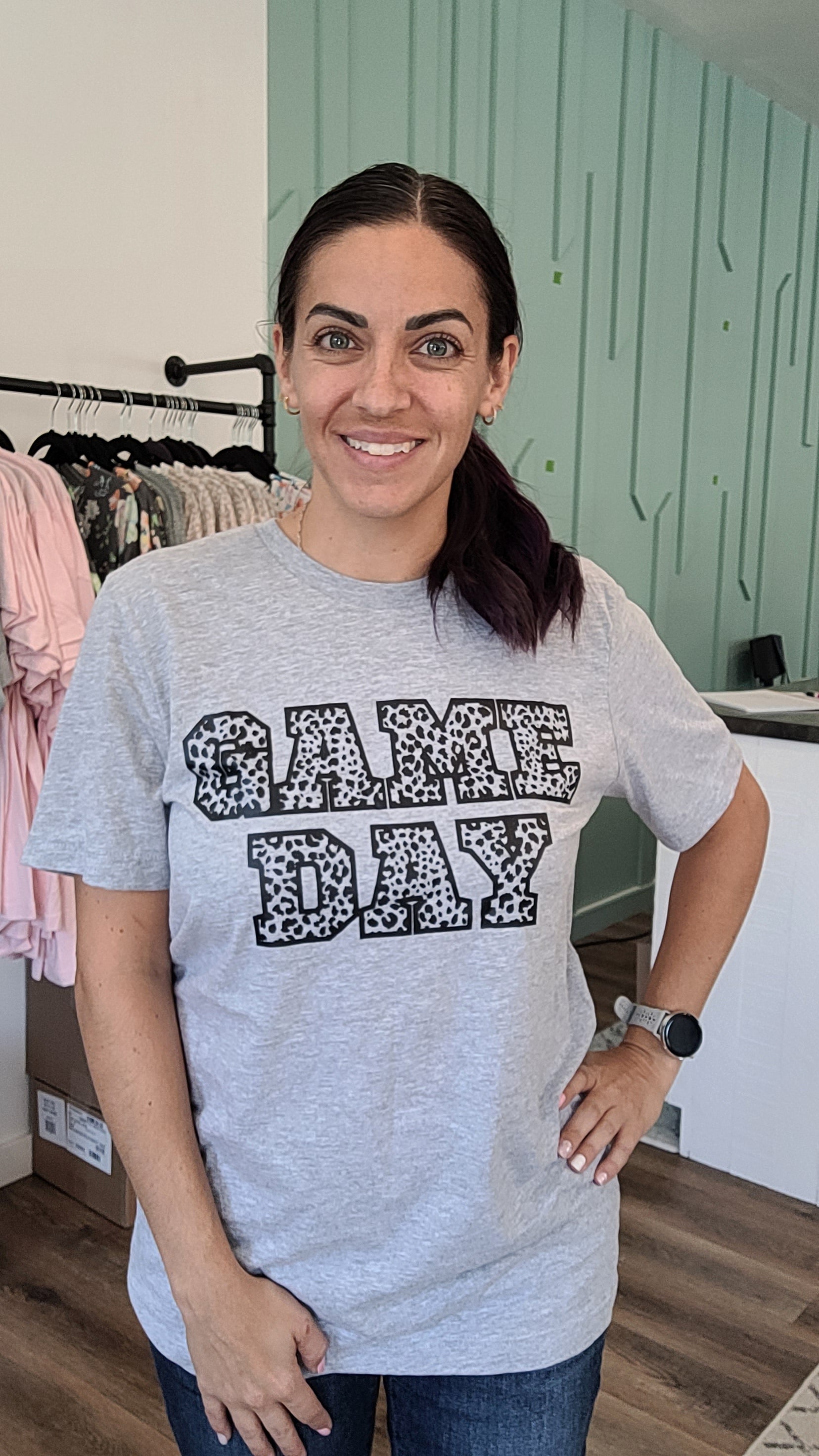 Shop Leopard Game Day Tee - Gray-Graphic Tee at Ruby Joy Boutique, a Women's Clothing Store in Pickerington, Ohio