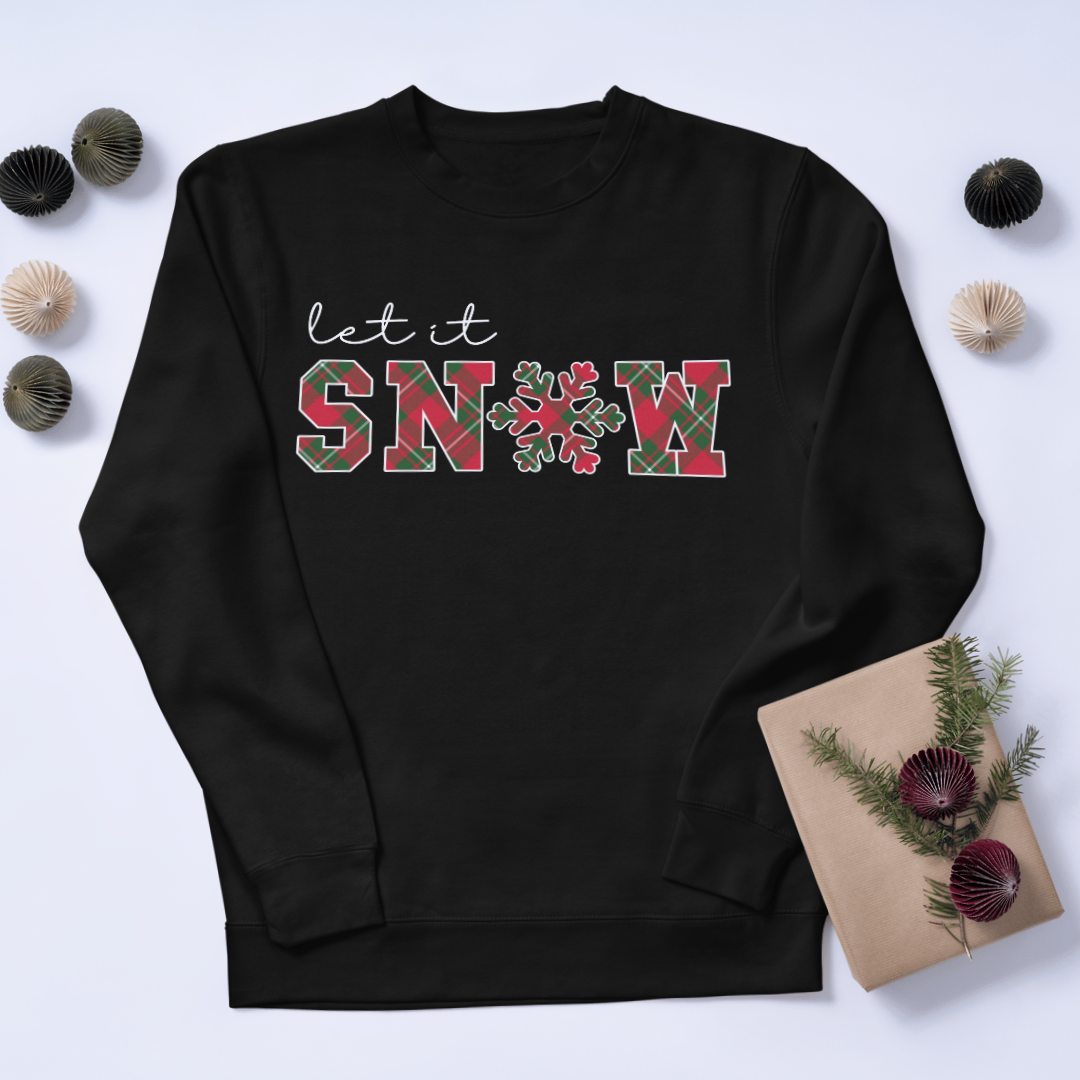 Shop Let it Snow Plaid Sweatshirt | Red and Green Plaid | Original Design-sweatshirt at Ruby Joy Boutique, a Women's Clothing Store in Pickerington, Ohio