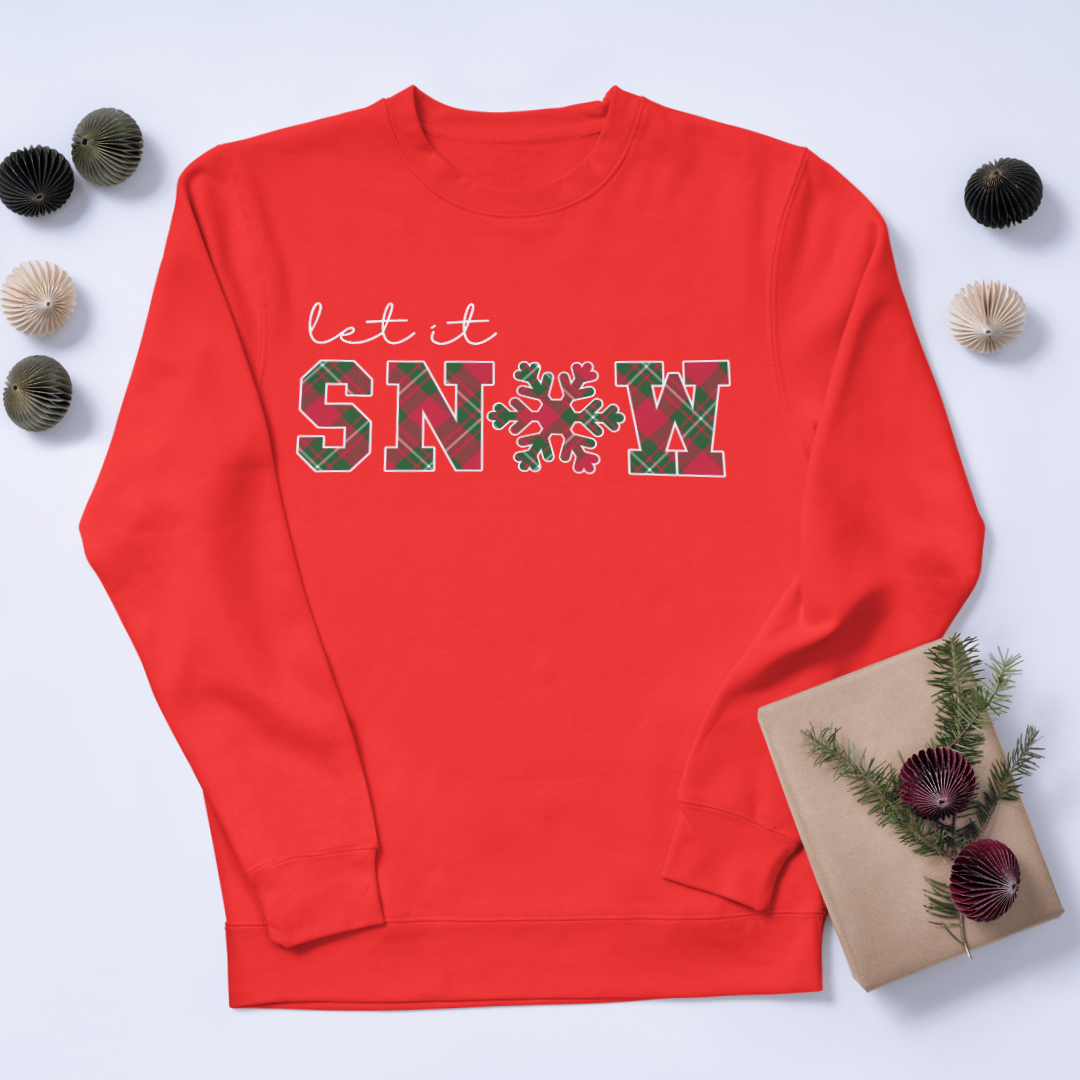 Shop Let it Snow Plaid Sweatshirt | Red and Green Plaid | Original Design-sweatshirt at Ruby Joy Boutique, a Women's Clothing Store in Pickerington, Ohio