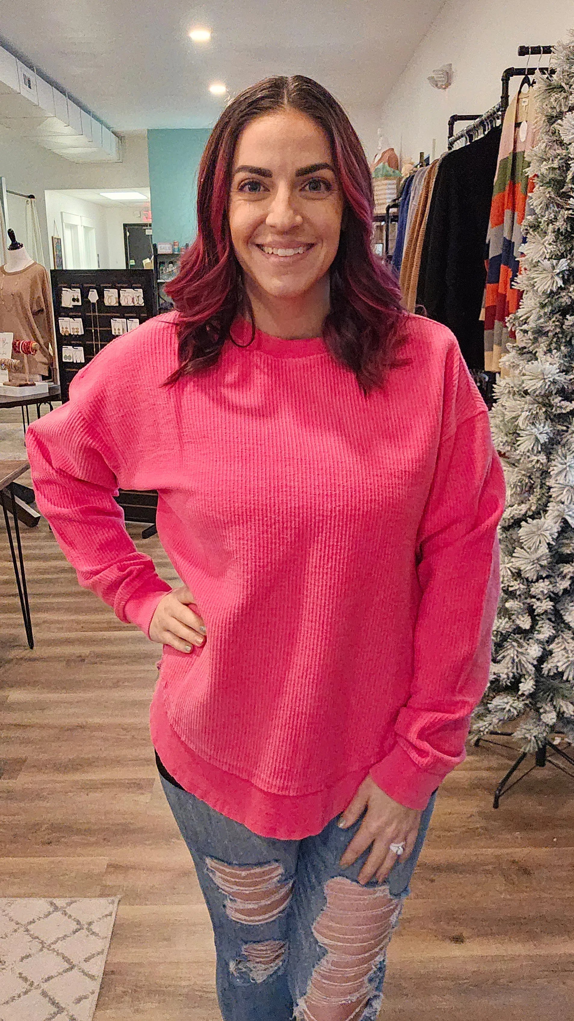 Shop Lexi Corded Crewneck Pullover - Hot Pink-sweatshirt at Ruby Joy Boutique, a Women's Clothing Store in Pickerington, Ohio