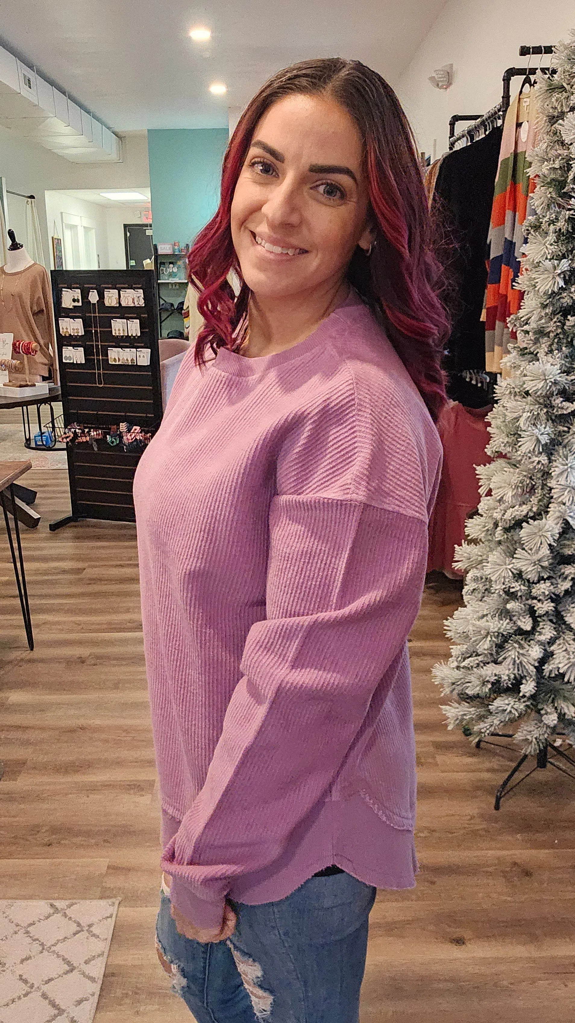 Shop Lexi Corded Crewneck Pullover - Violet-sweatshirt at Ruby Joy Boutique, a Women's Clothing Store in Pickerington, Ohio