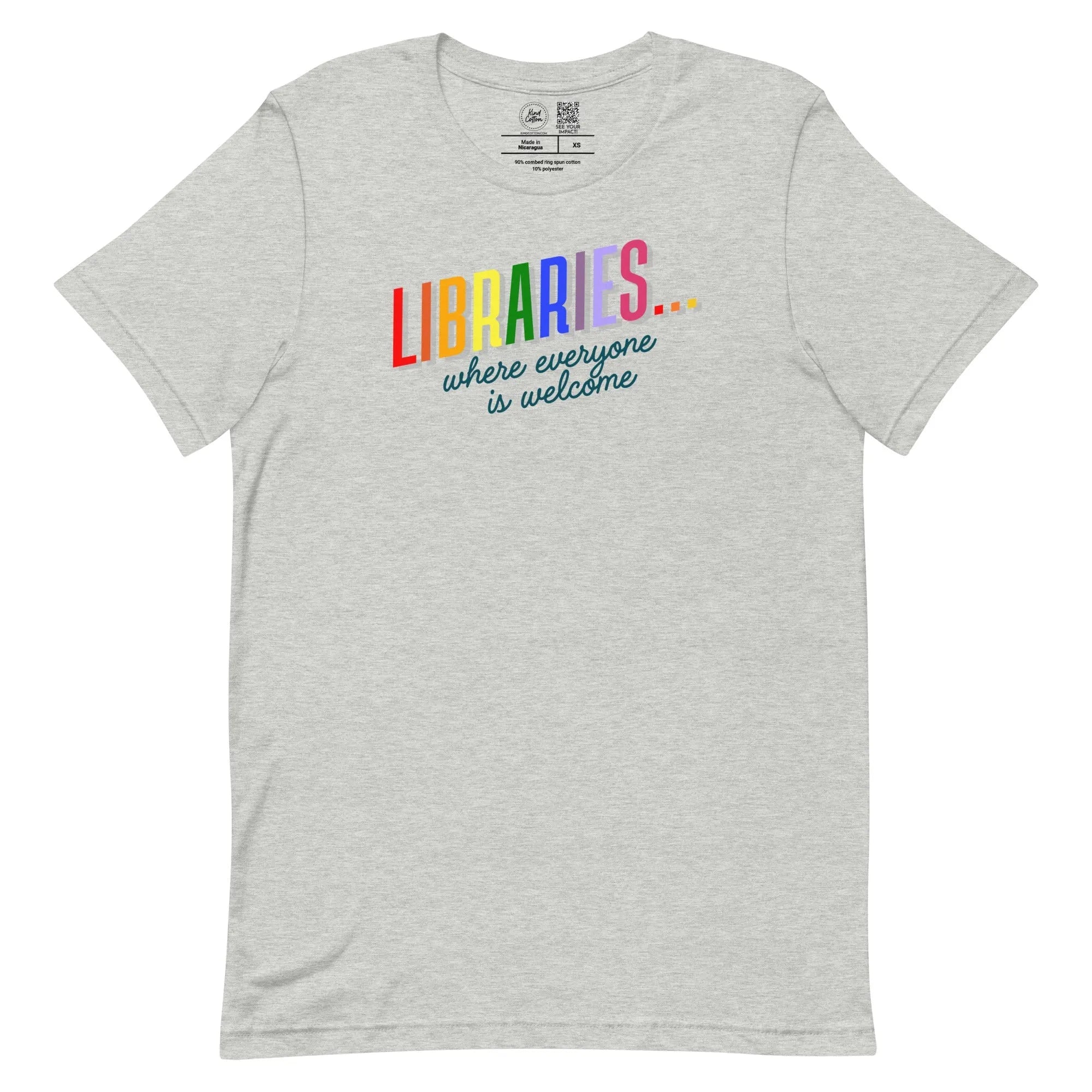 Shop Libraries Where Everyone is Welcome Classic Tee | Kind Cotton-Heather Grey at Ruby Joy Boutique, a Women's Clothing Store in Pickerington, Ohio