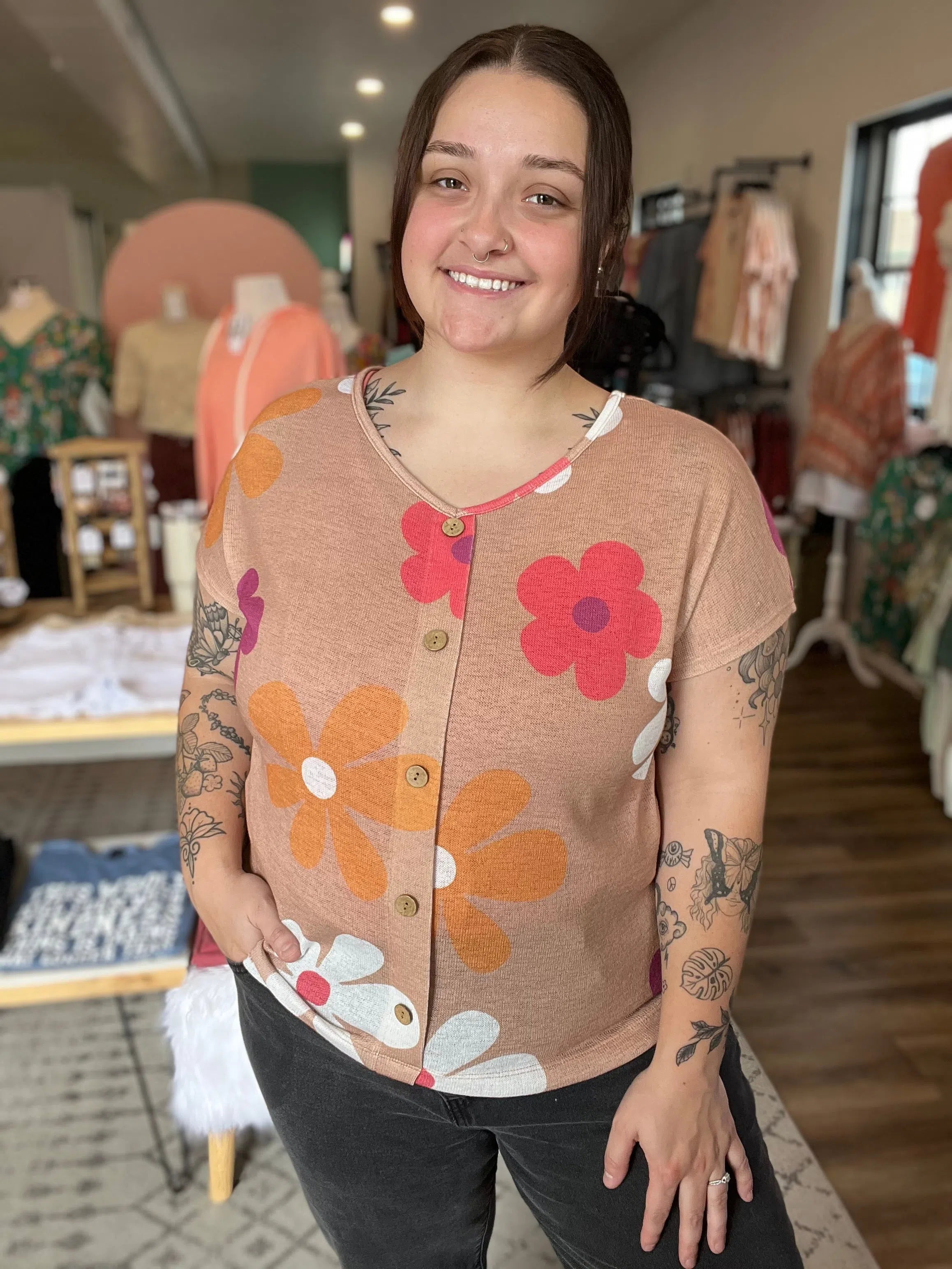 Shop Lightweight Floral Sweater Top-Shirts & Tops at Ruby Joy Boutique, a Women's Clothing Store in Pickerington, Ohio