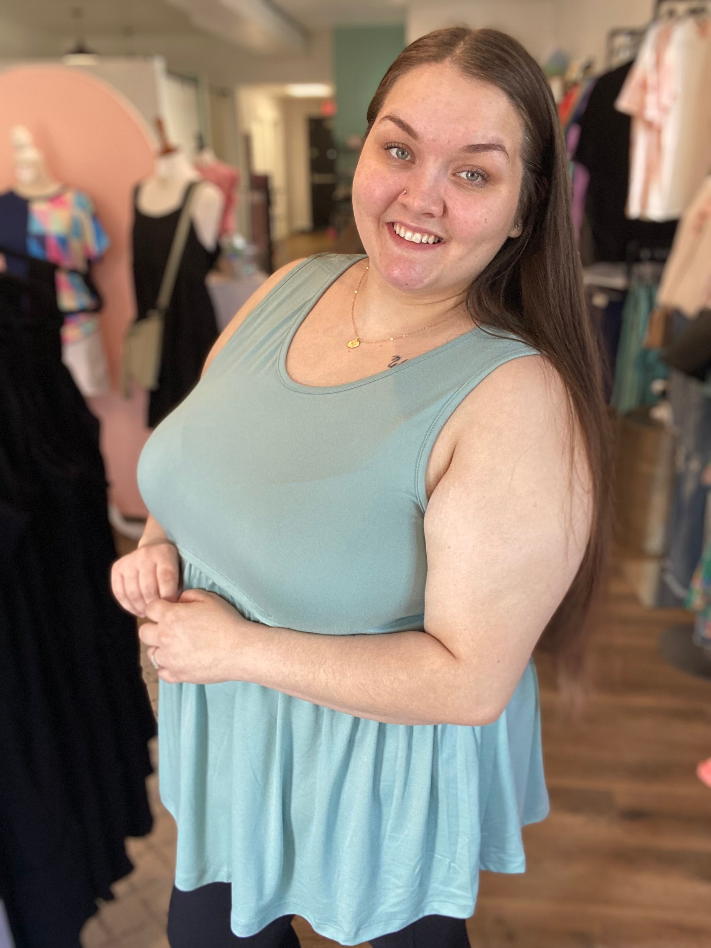 Shop Lina Babydoll Tank - Aloe-Tank Top at Ruby Joy Boutique, a Women's Clothing Store in Pickerington, Ohio