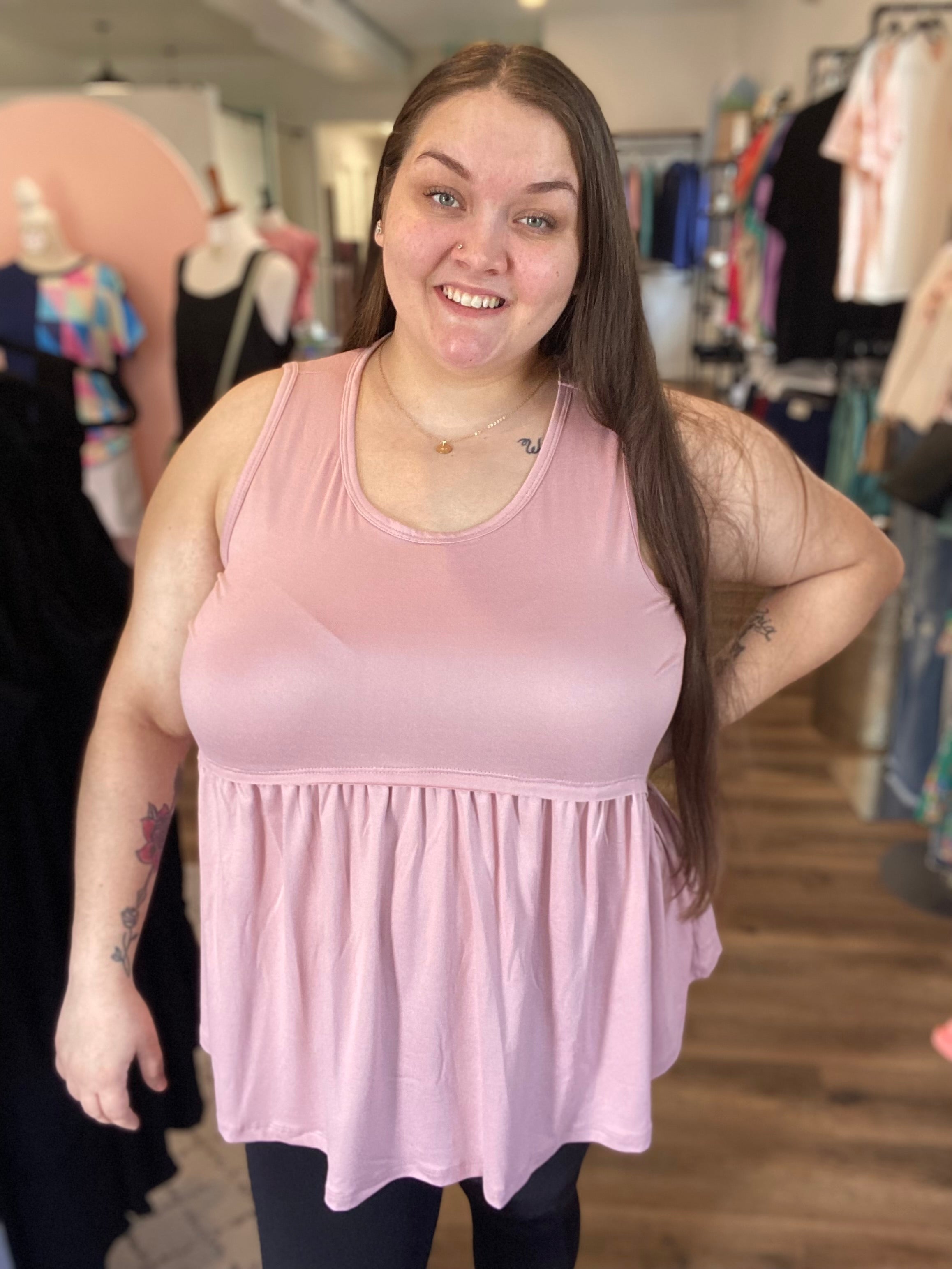 Shop Lina Babydoll Tank - Pale Rose-Tank Top at Ruby Joy Boutique, a Women's Clothing Store in Pickerington, Ohio