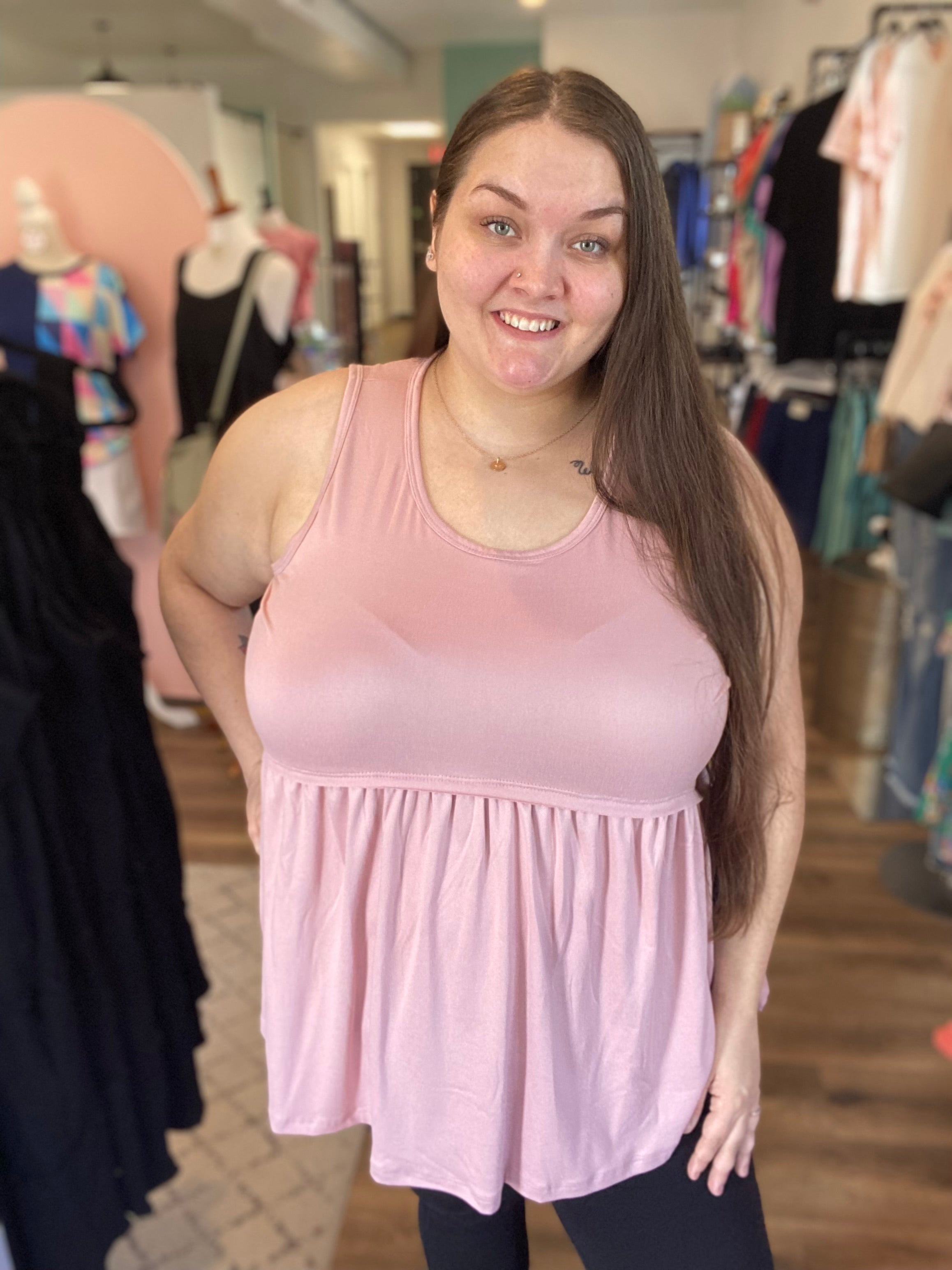 Shop Lina Babydoll Tank - Pale Rose-Shirts & Tops at Ruby Joy Boutique, a Women's Clothing Store in Pickerington, Ohio