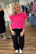 Shop Linen Blend Scallop Hem Wide Leg Pants - Black- at Ruby Joy Boutique, a Women's Clothing Store in Pickerington, Ohio