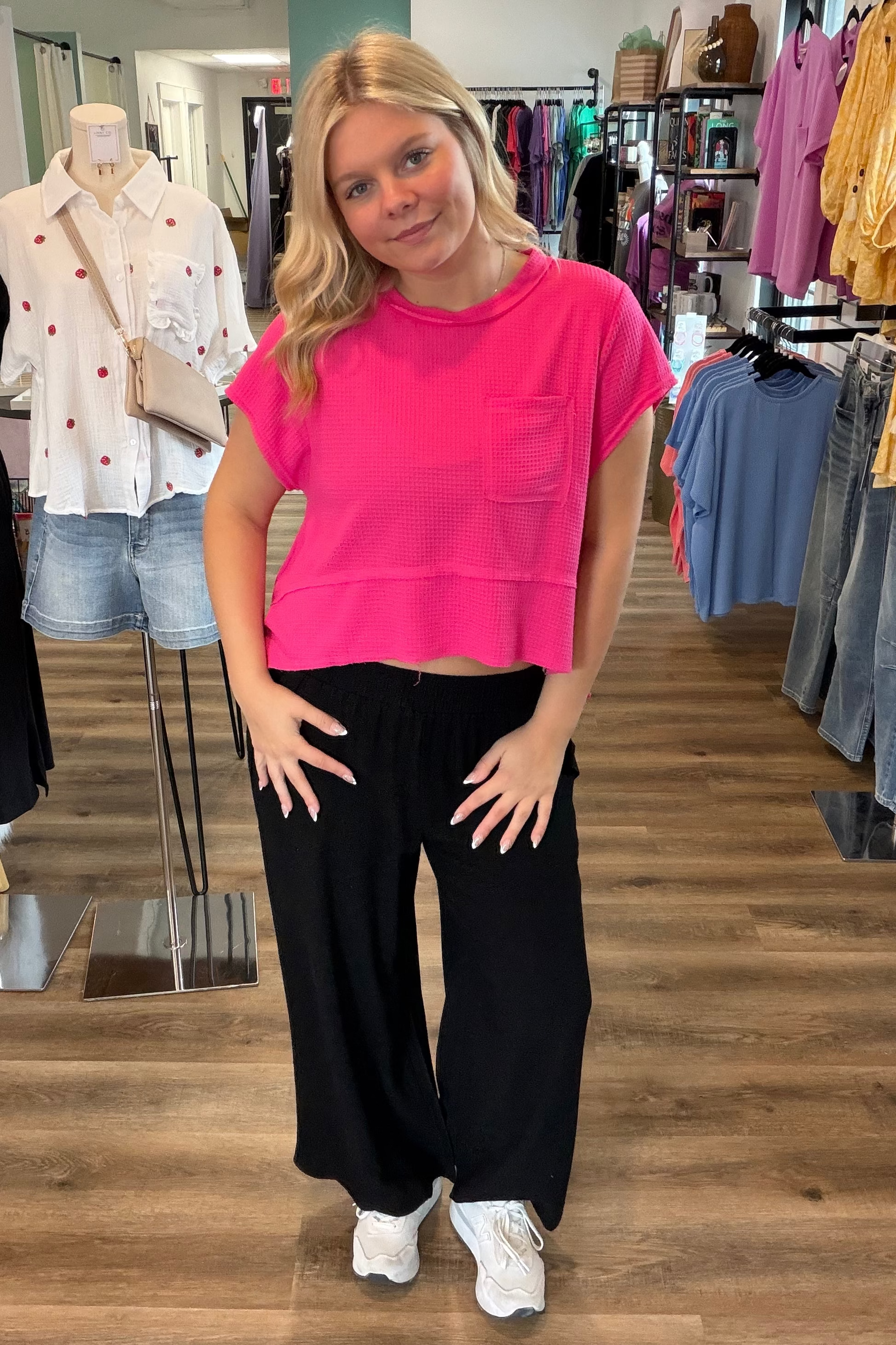 Shop Linen Blend Scallop Hem Wide Leg Pants - Black- at Ruby Joy Boutique, a Women's Clothing Store in Pickerington, Ohio