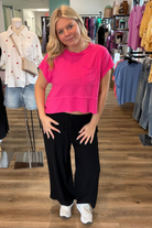 Shop Linen Blend Scallop Hem Wide Leg Pants - Black- at Ruby Joy Boutique, a Women's Clothing Store in Pickerington, Ohio