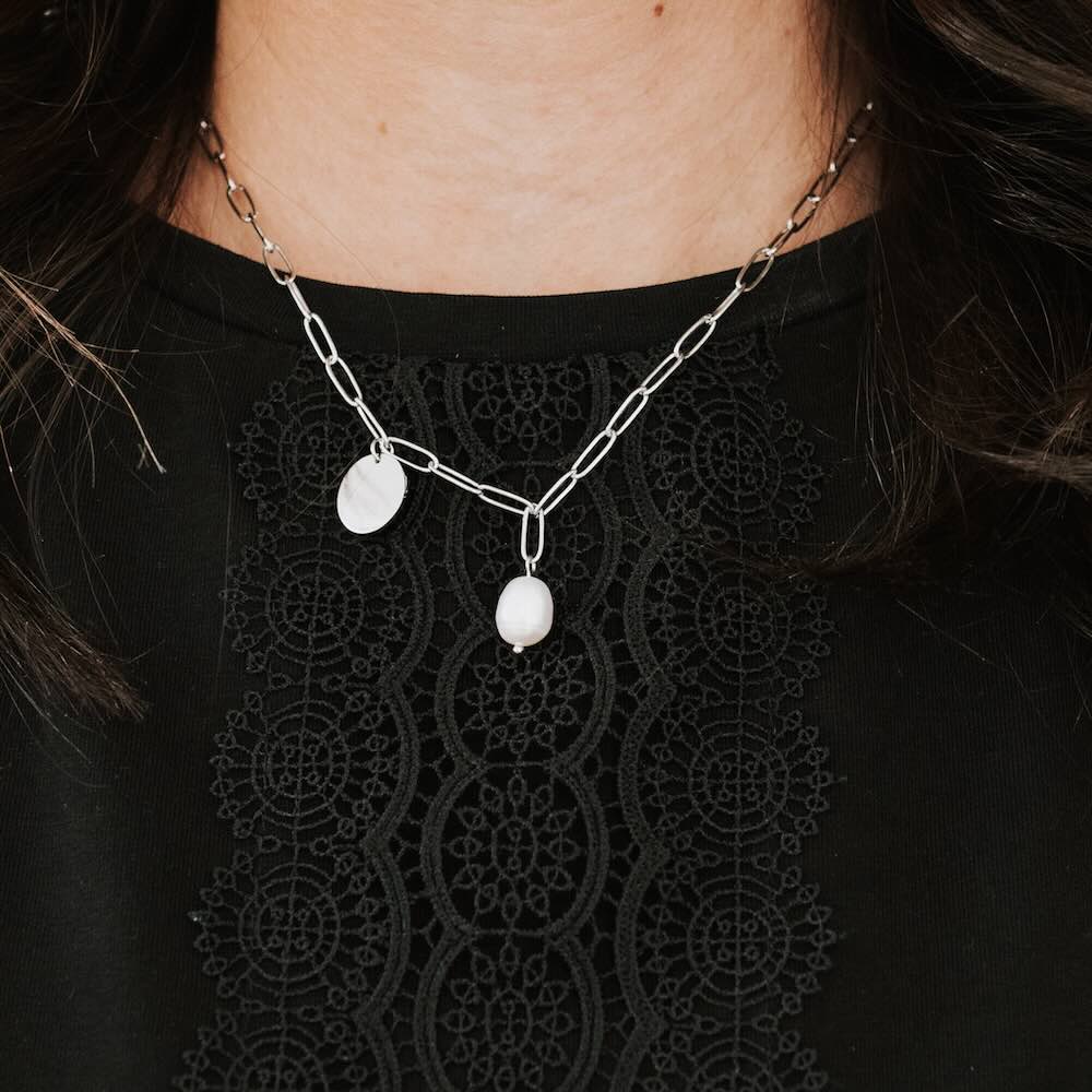 Shop Link Chain Necklace with Pearl and Disc - Waterproof-Necklaces at Ruby Joy Boutique, a Women's Clothing Store in Pickerington, Ohio