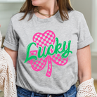 Shop Lucky Checkered Shamrock | St. Patrick's Day Graphic Top-Tee at Ruby Joy Boutique, a Women's Clothing Store in Pickerington, Ohio