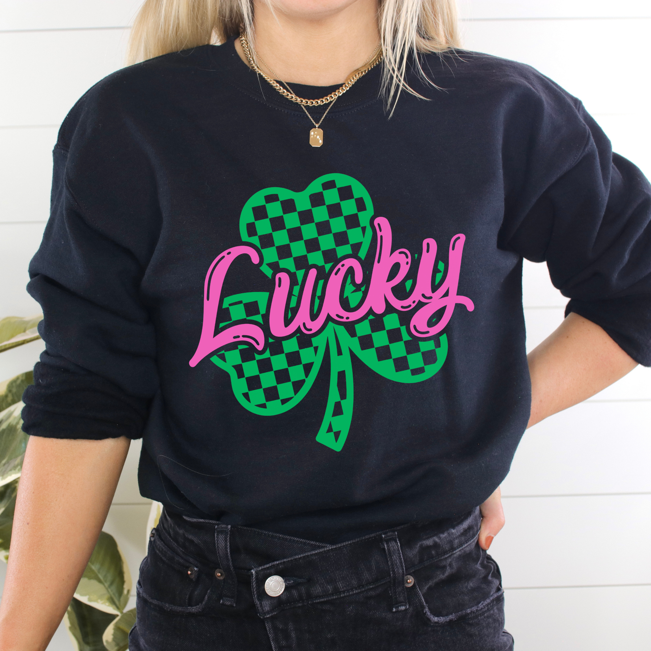 Shop Lucky Checkered Shamrock | St. Patrick's Day Graphic Top-Tee at Ruby Joy Boutique, a Women's Clothing Store in Pickerington, Ohio