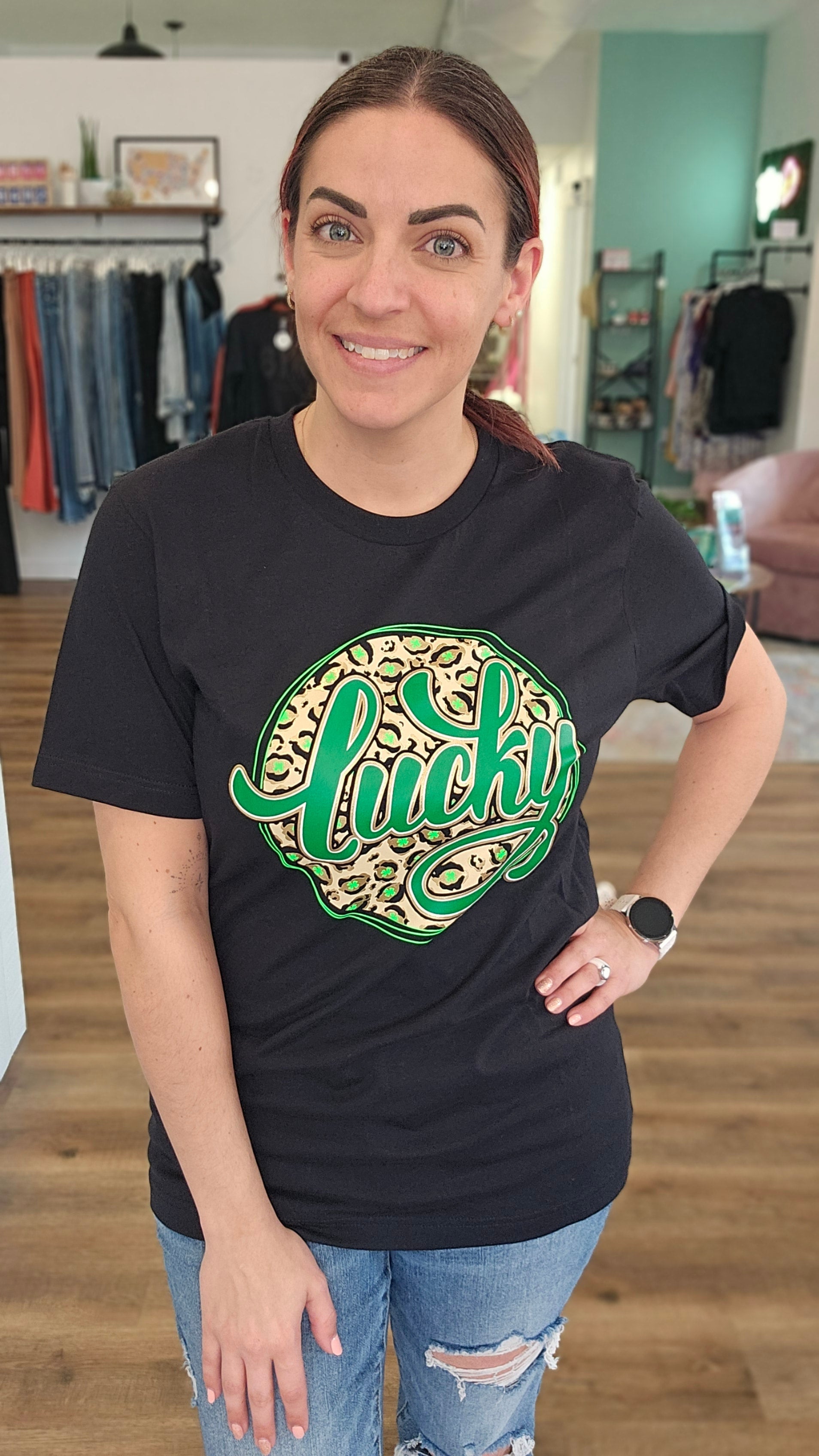 Shop Lucky Leopard and Gold St Patrick's Day Graphic Tee-Graphic Tee at Ruby Joy Boutique, a Women's Clothing Store in Pickerington, Ohio