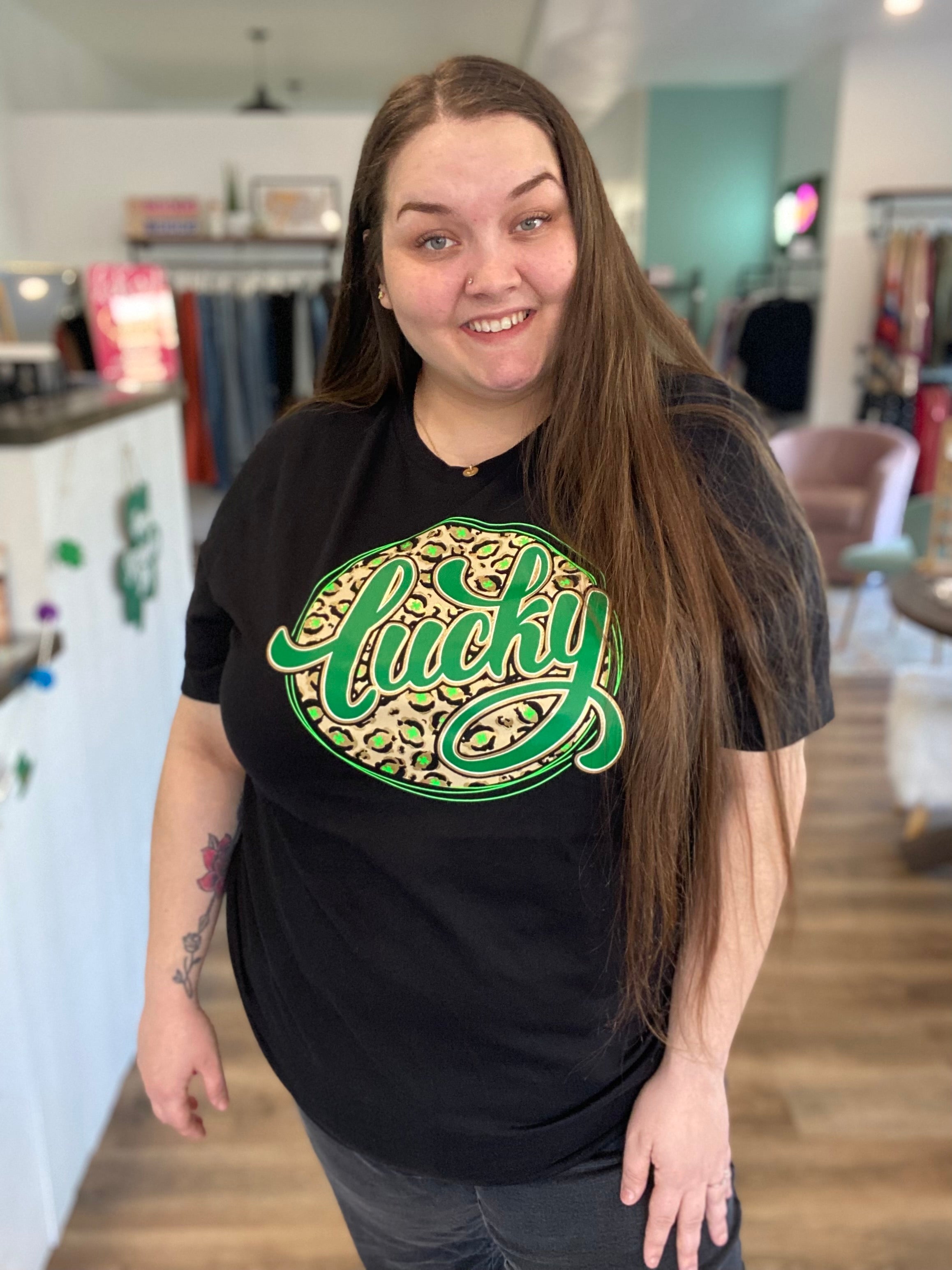 Shop Lucky Leopard and Gold St Patrick's Day Graphic Tee-Graphic Tee at Ruby Joy Boutique, a Women's Clothing Store in Pickerington, Ohio