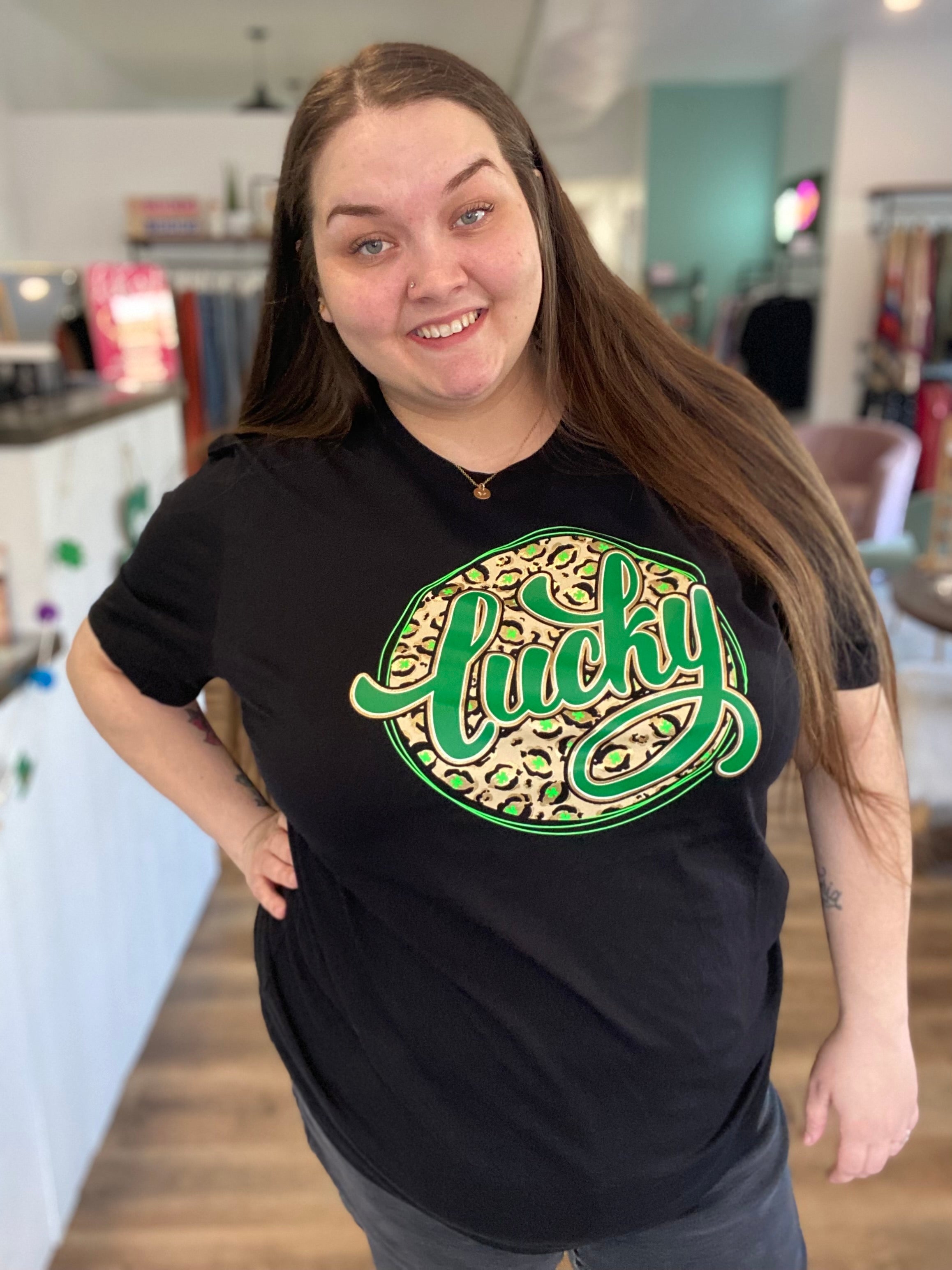 Shop Lucky Leopard and Gold St Patrick's Day Graphic Tee-Graphic Tee at Ruby Joy Boutique, a Women's Clothing Store in Pickerington, Ohio