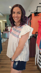 Shop Luisa Embroidered Blouse-Blouse at Ruby Joy Boutique, a Women's Clothing Store in Pickerington, Ohio
