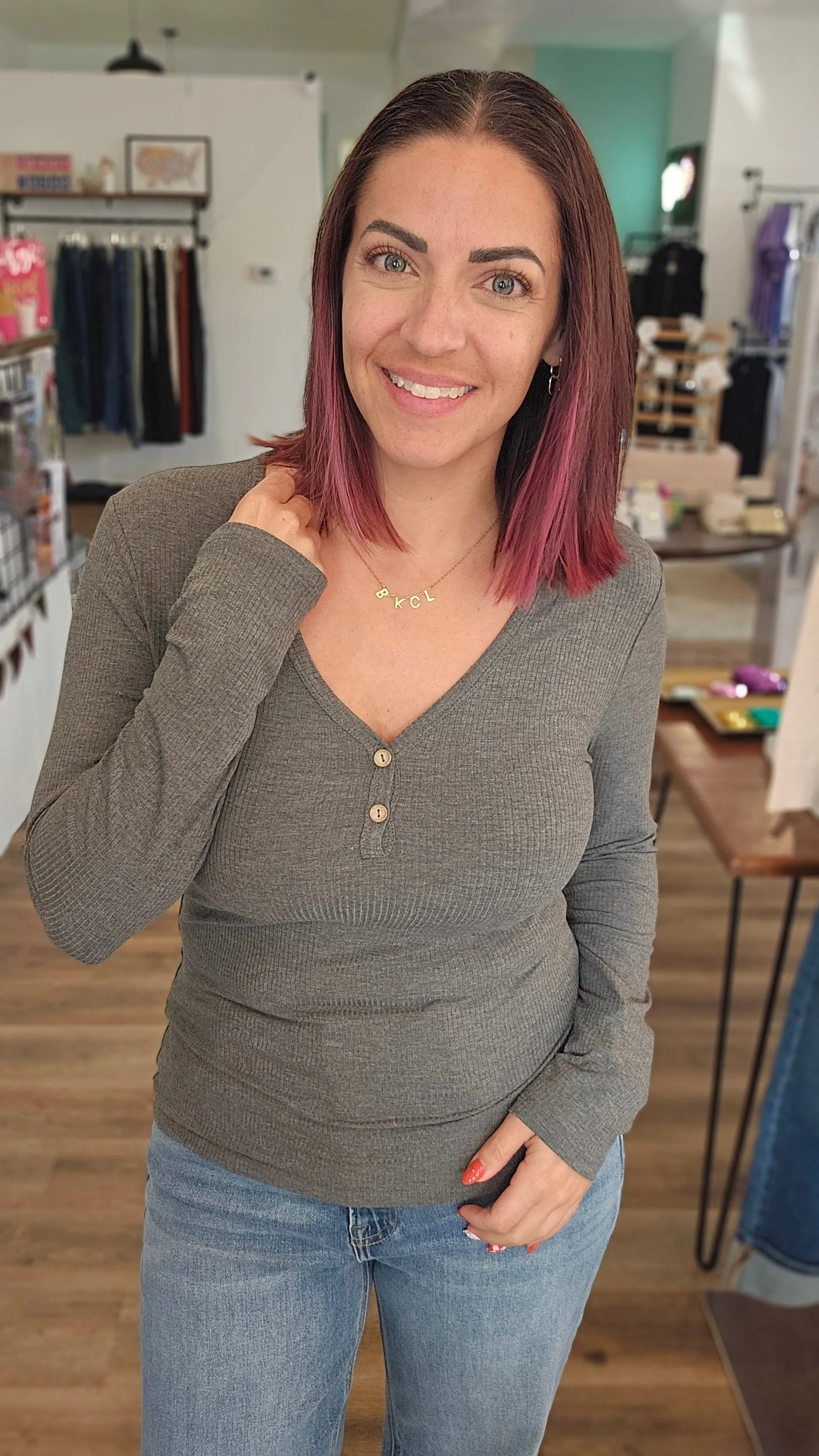 Shop Luxe Ribbed Henley Button Top - Charcoal Gray- at Ruby Joy Boutique, a Women's Clothing Store in Pickerington, Ohio