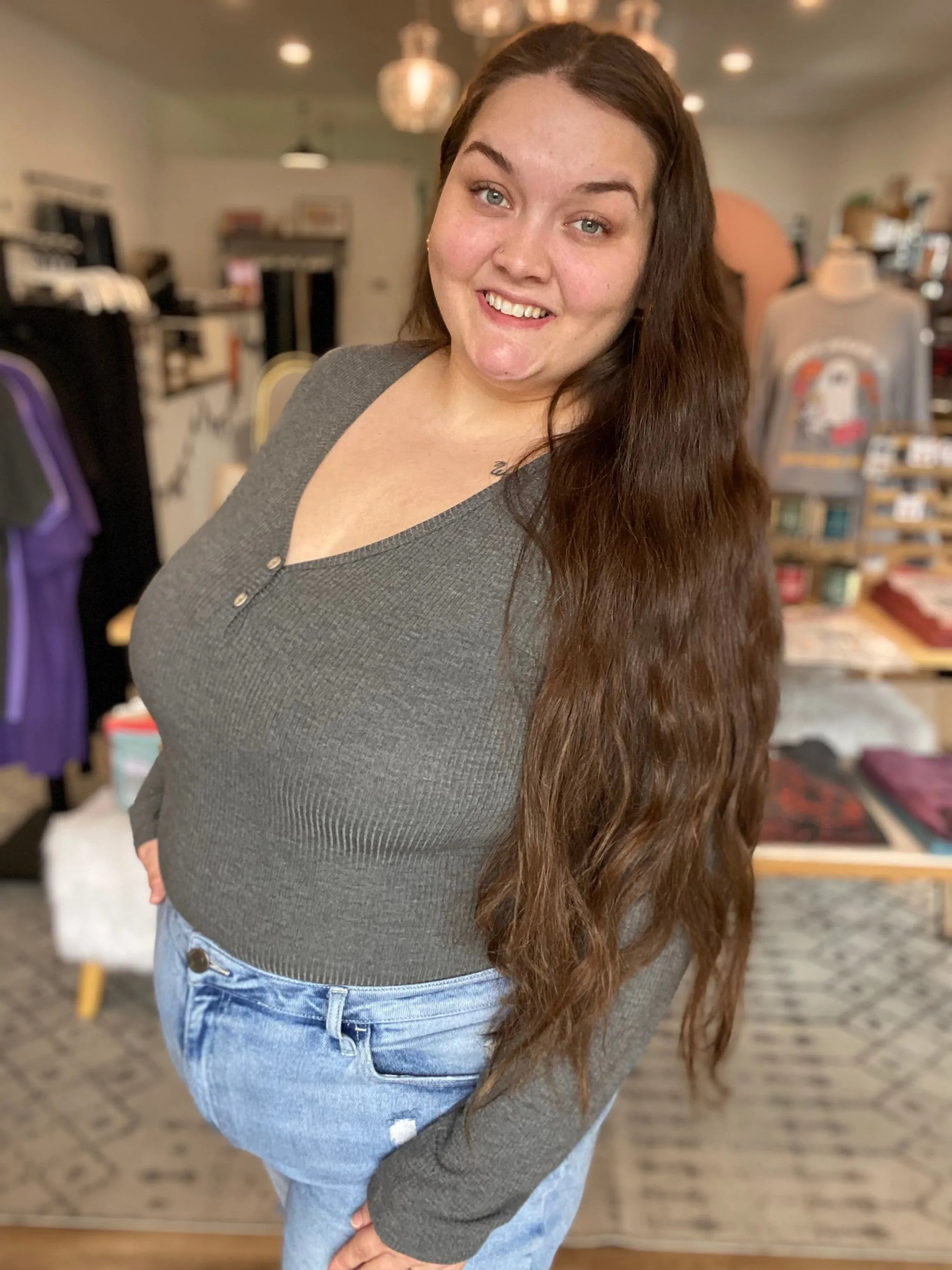 Shop Luxe Ribbed Henley Button Top - Charcoal Gray- at Ruby Joy Boutique, a Women's Clothing Store in Pickerington, Ohio