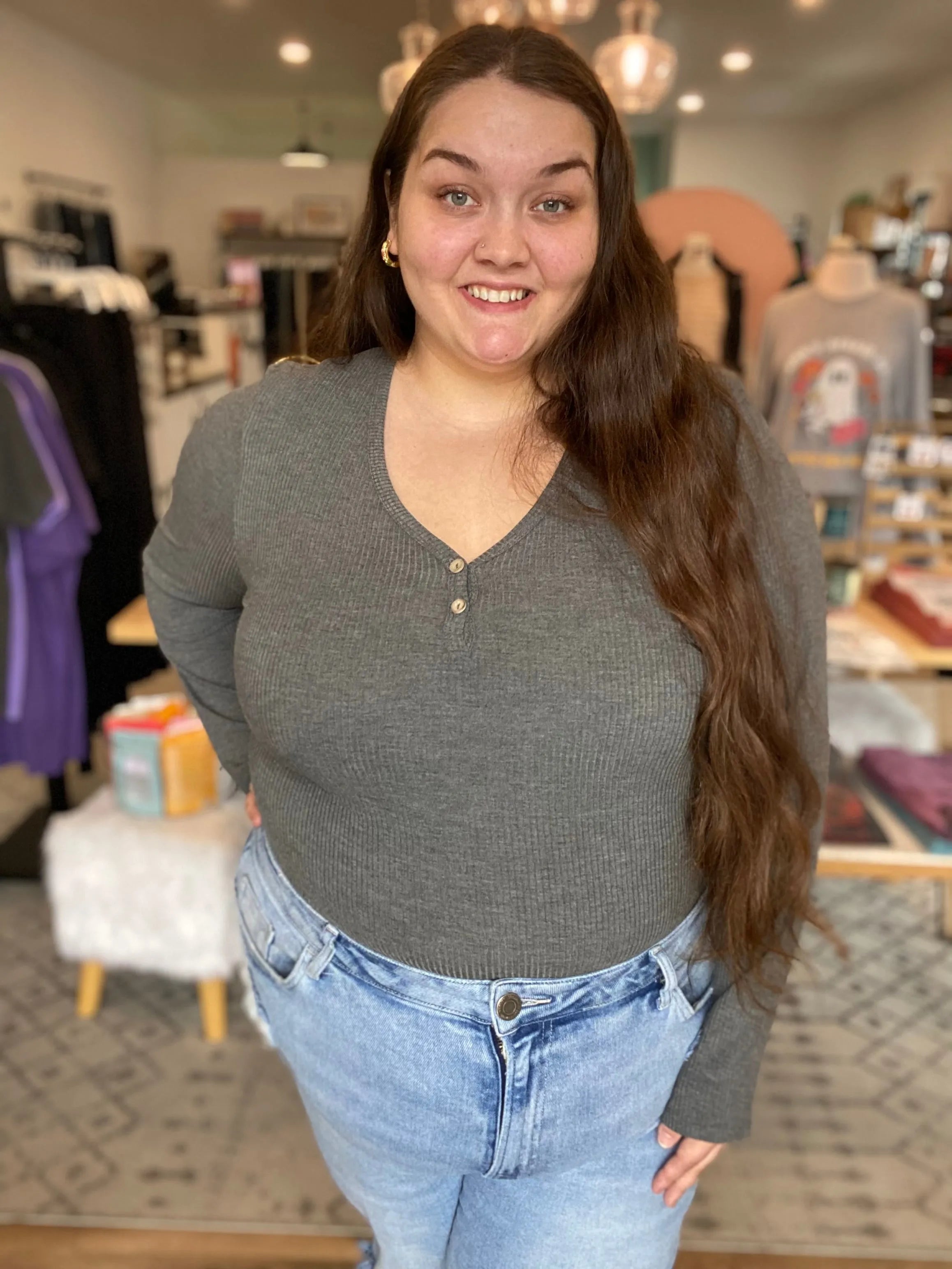 Shop Luxe Ribbed Henley Button Top - Charcoal Gray- at Ruby Joy Boutique, a Women's Clothing Store in Pickerington, Ohio