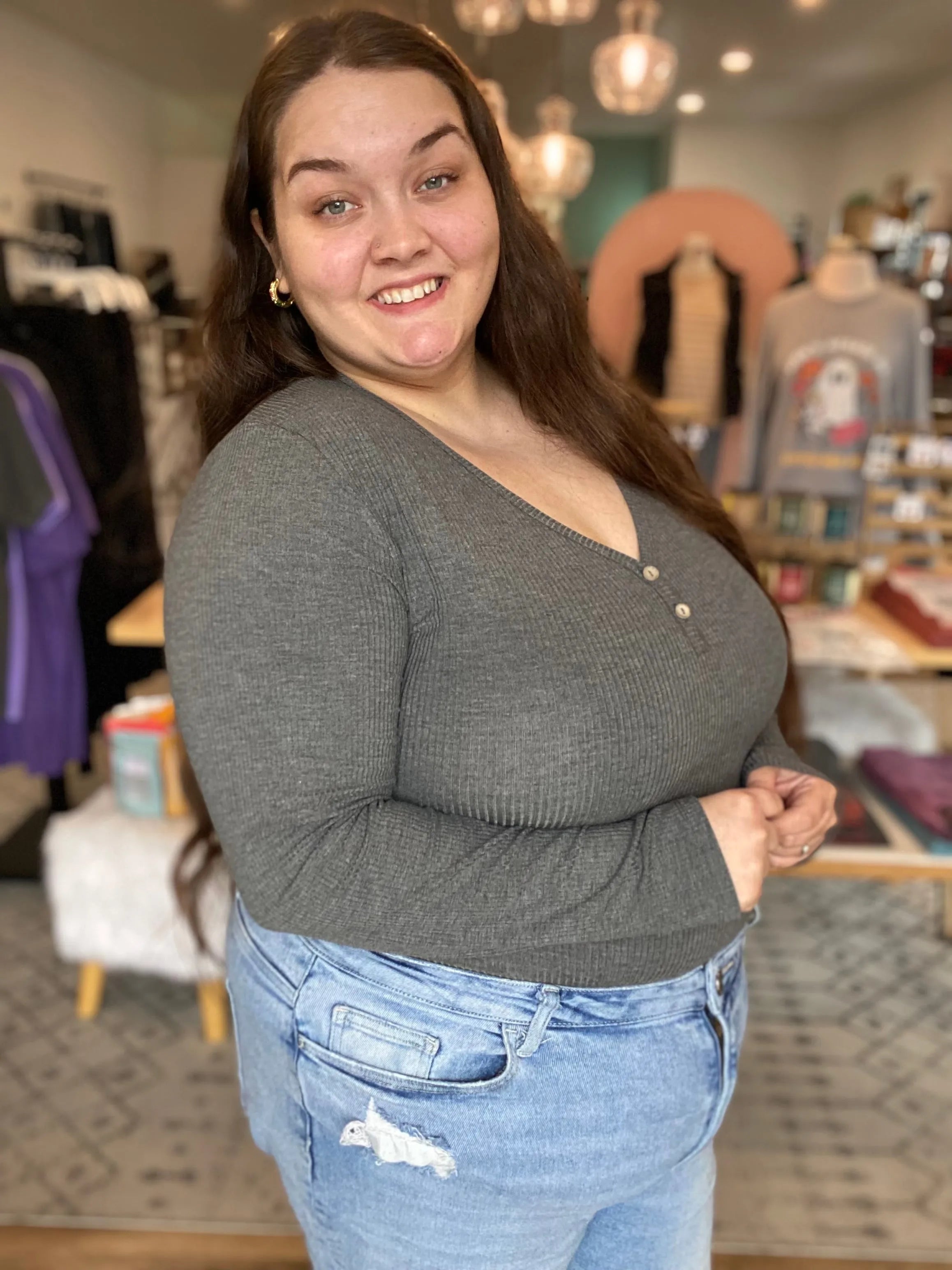 Shop Luxe Ribbed Henley Button Top - Charcoal Gray- at Ruby Joy Boutique, a Women's Clothing Store in Pickerington, Ohio