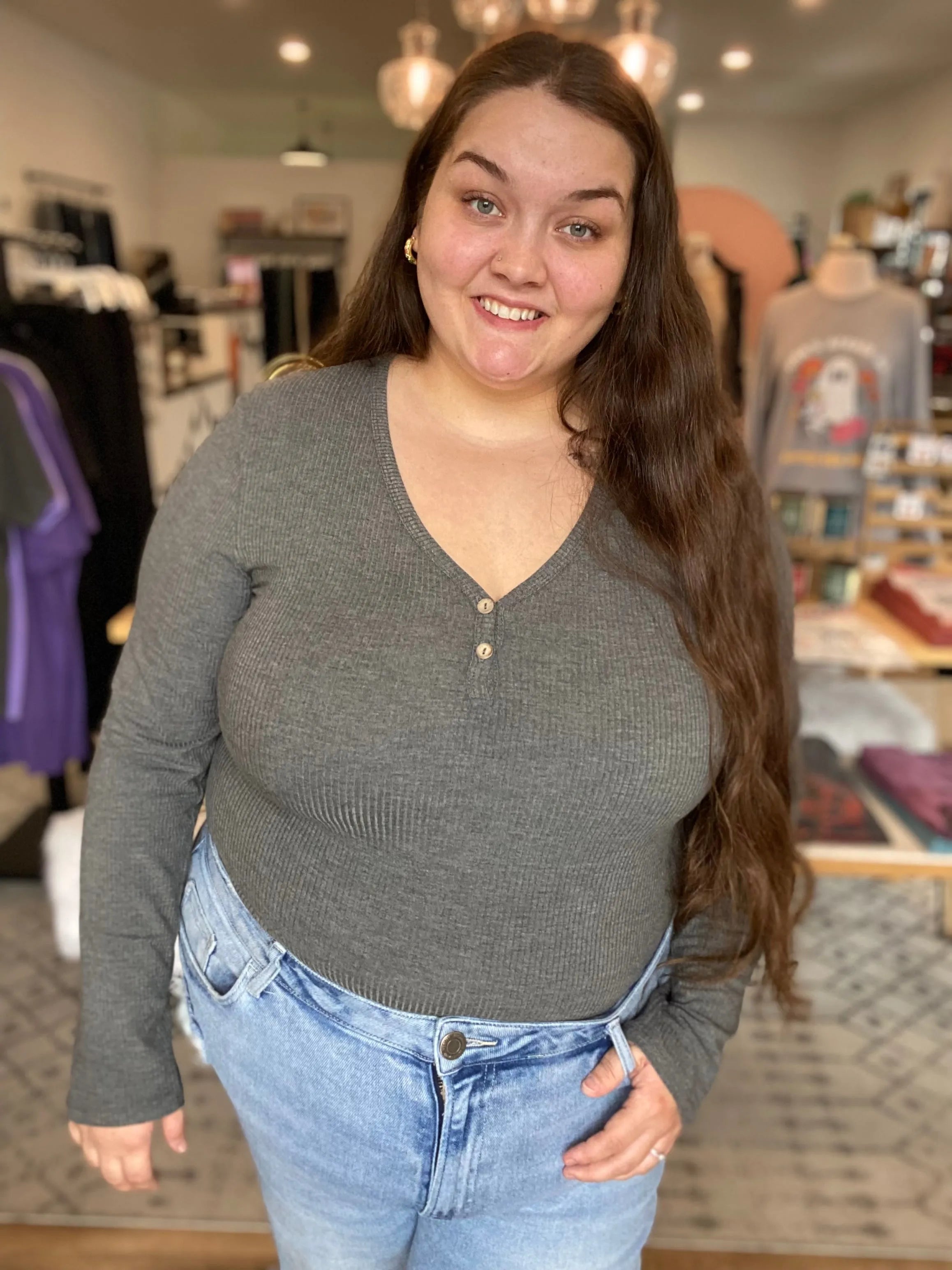 Shop Luxe Ribbed Henley Button Top - Charcoal Gray- at Ruby Joy Boutique, a Women's Clothing Store in Pickerington, Ohio
