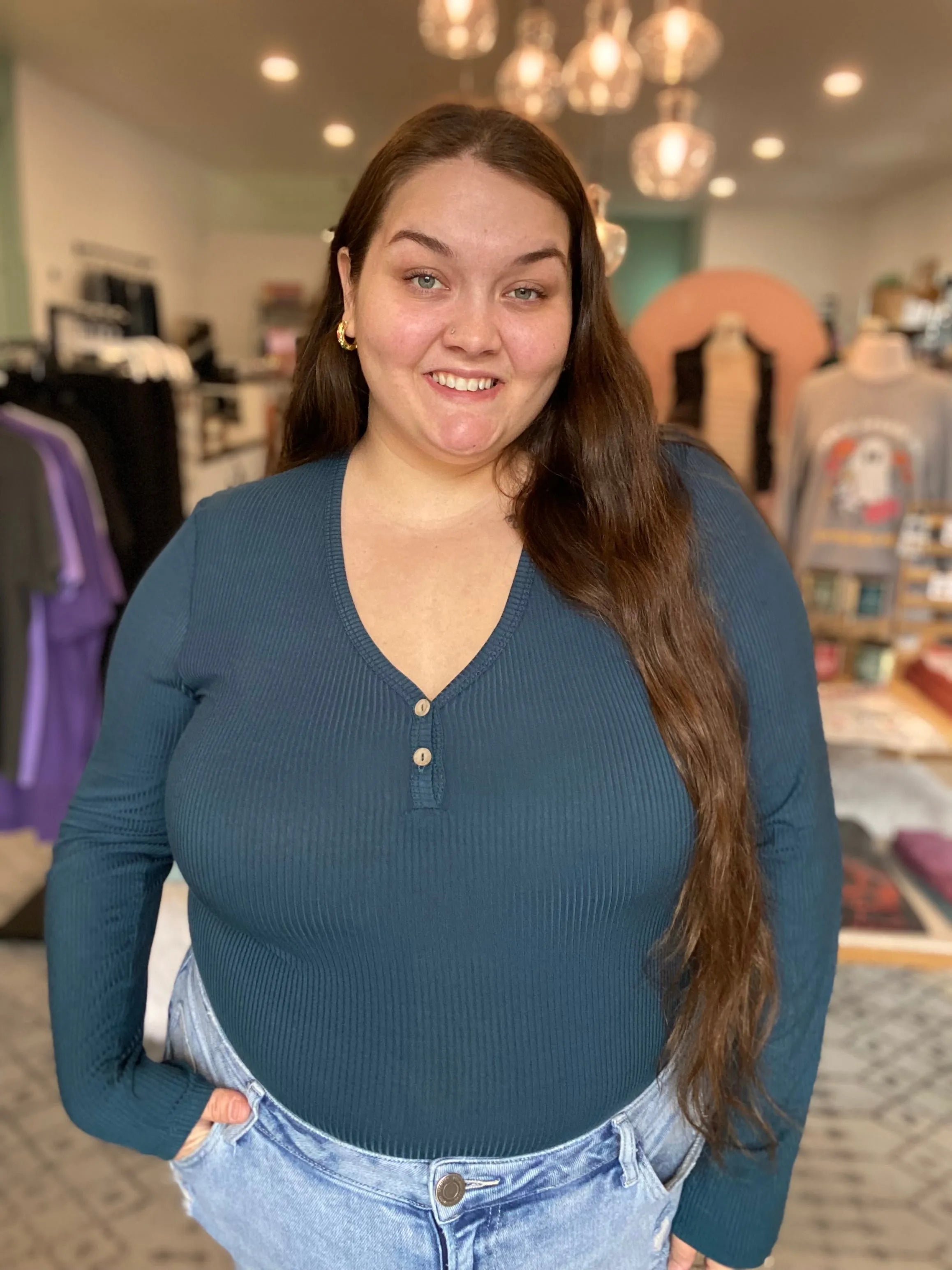 Shop Luxe Ribbed Henley Button Top - Peacock Blue- at Ruby Joy Boutique, a Women's Clothing Store in Pickerington, Ohio