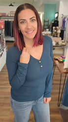 Shop Luxe Ribbed Henley Button Top - Peacock Blue- at Ruby Joy Boutique, a Women's Clothing Store in Pickerington, Ohio